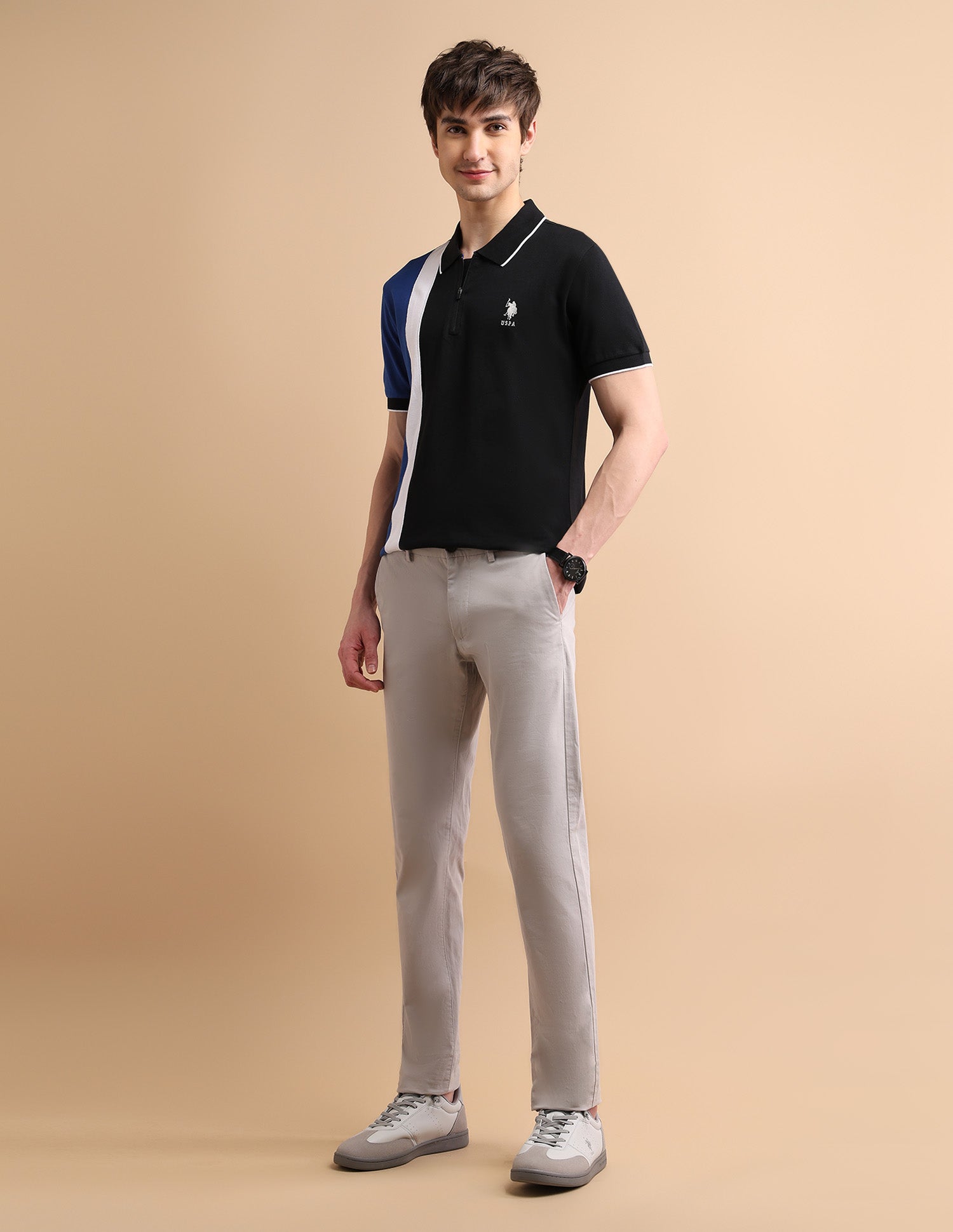 Colour Block Zipper Polo Shirt Black - U.S. POLO ASSN. | Large