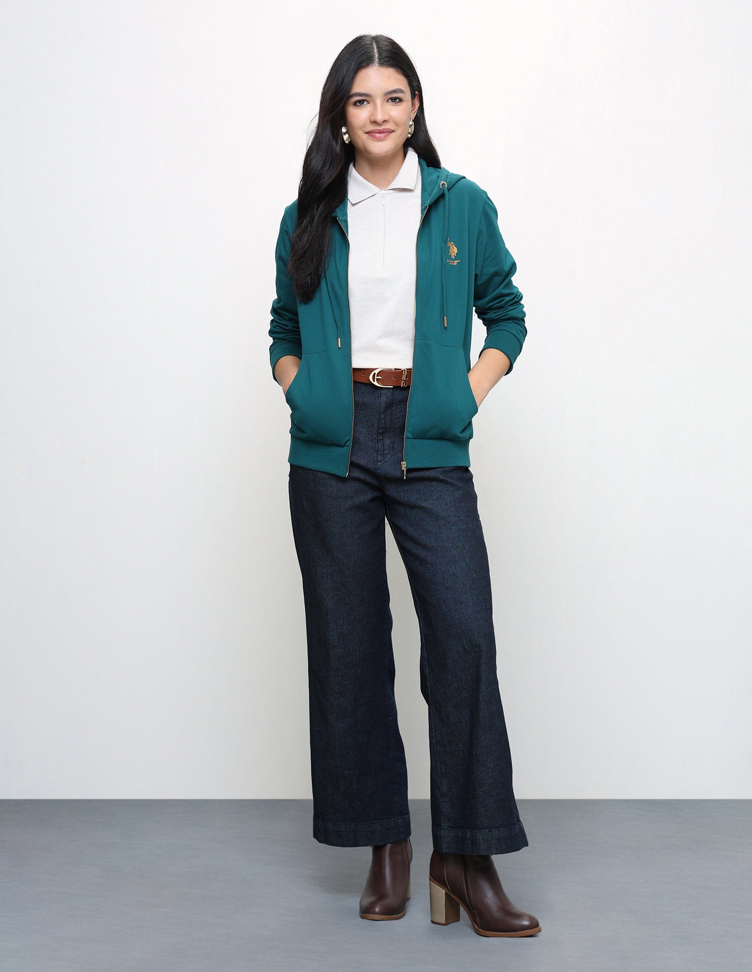 Solid Regular Fit Zipper Sweatshirt Teal - U.S. Polo Assn. India | Large