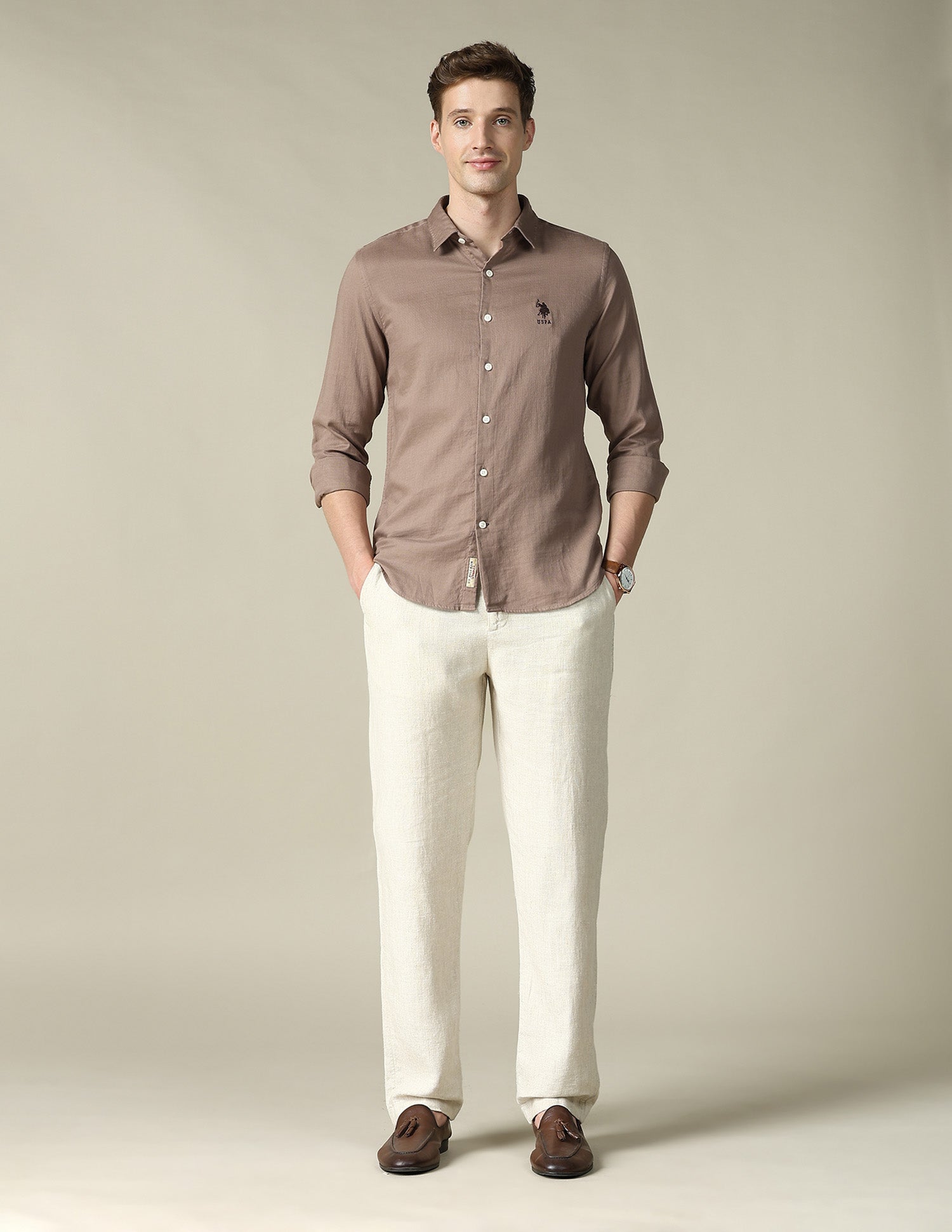 Dobby Regular Fit Shirt Light Khaki - U.S. POLO ASSN. | Large