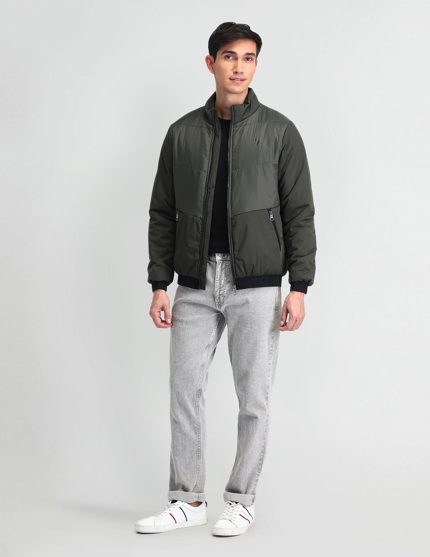 Regular Fit Solid Padded Jacket Olive - U.S. Polo Assn. India | Large