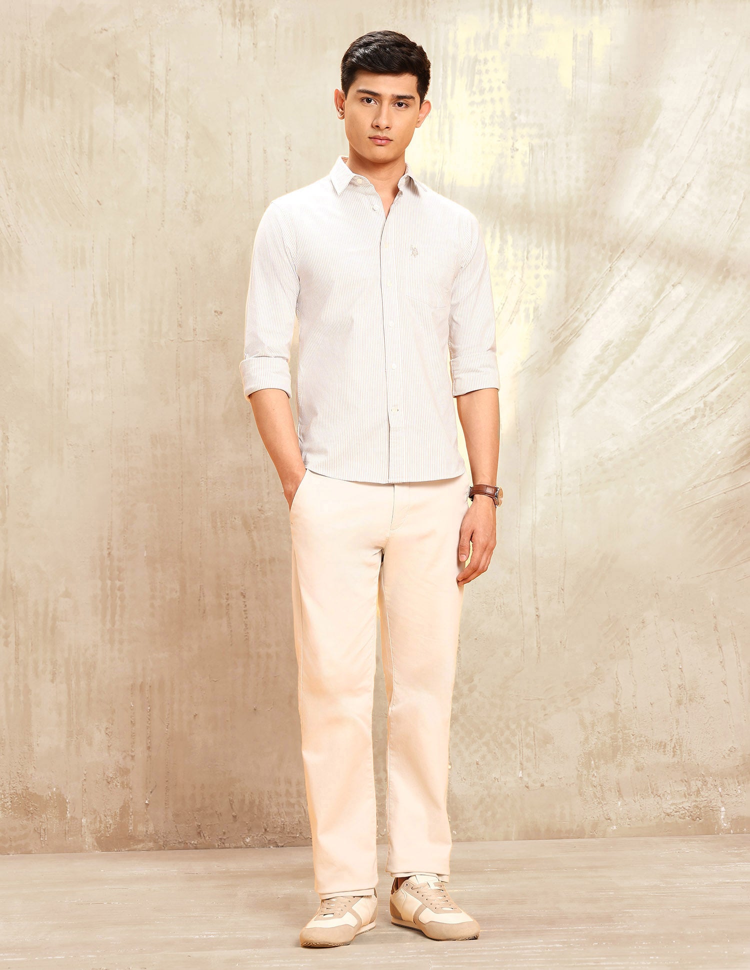 Vertical Striped Tailored Fit Shirt Beige - U.S. POLO ASSN. | Large