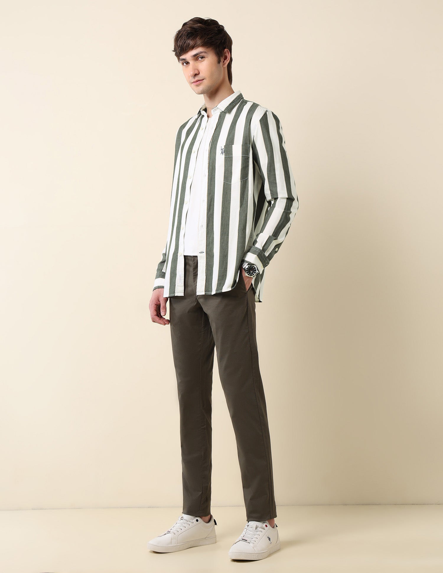 Vertical Striped Pure Cotton Shirt Green - U.S. Polo Assn. India | Large