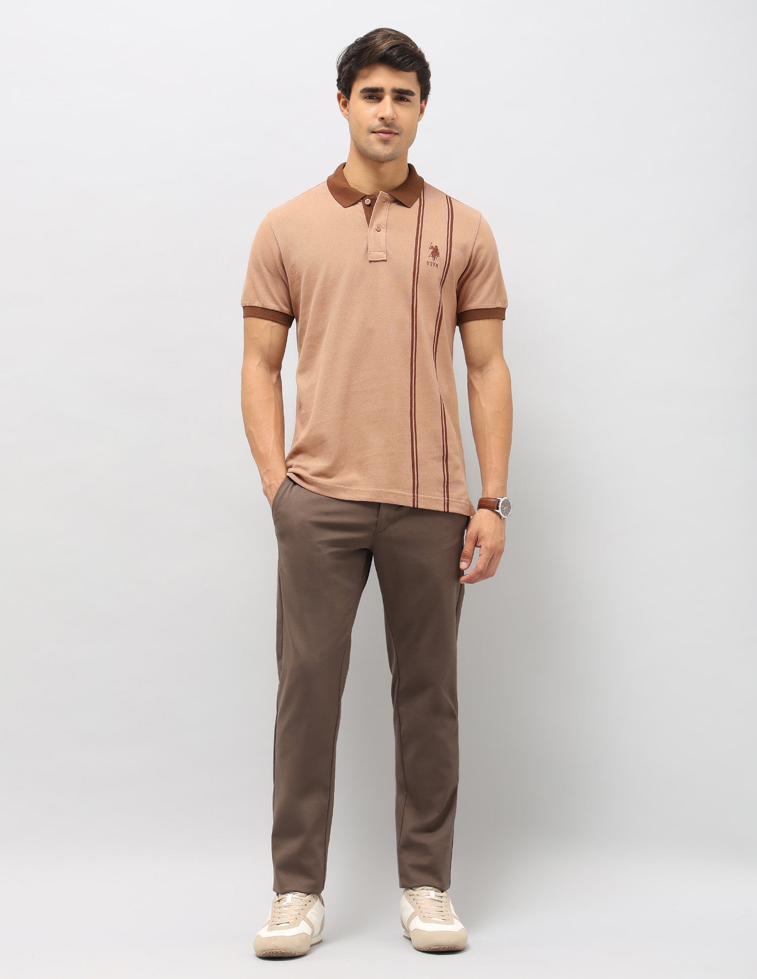 Vertical Striped Slim Fit Polo Shirt Beige - U.S. Polo Assn. India | Large