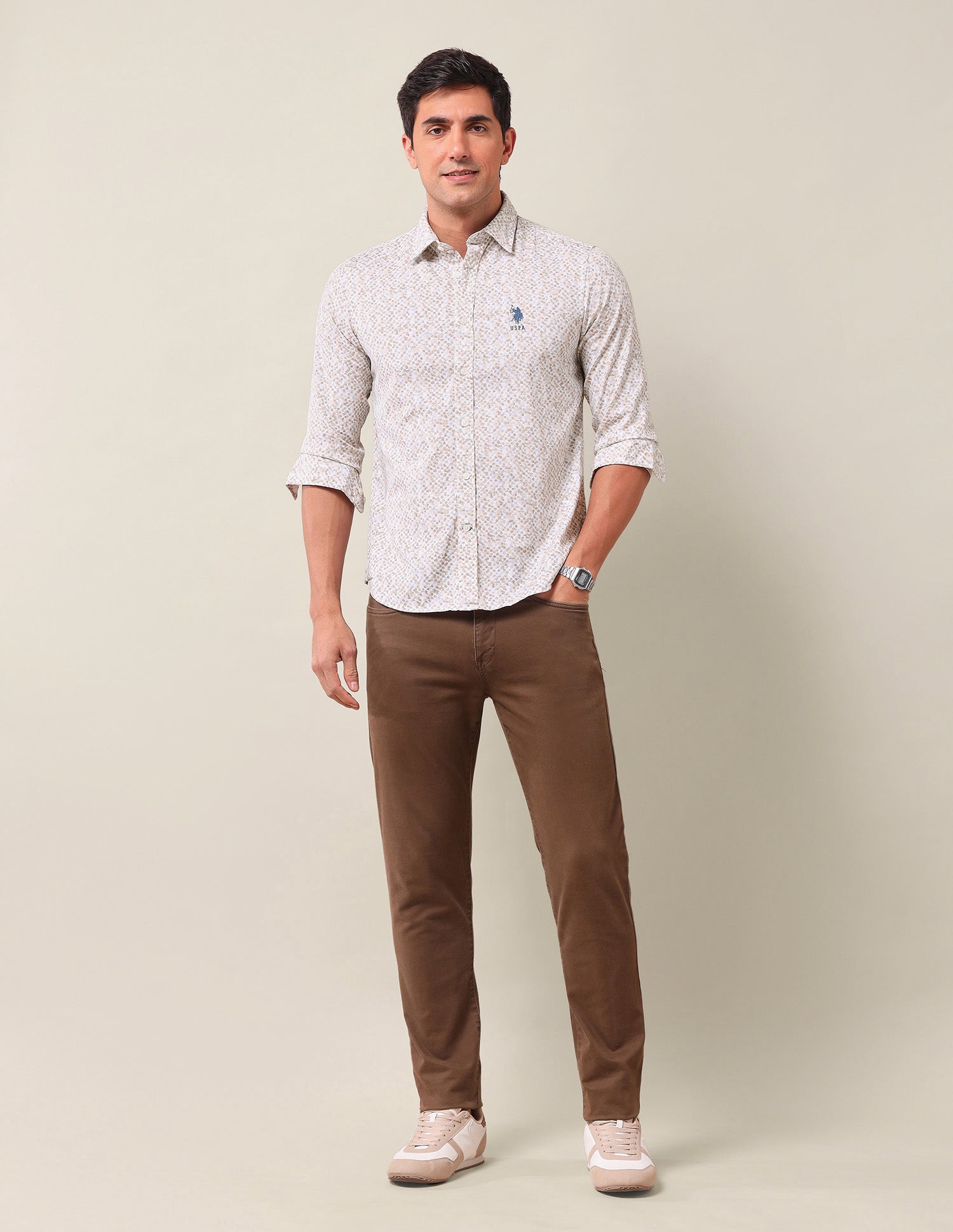 Tailored Fit Geometric Printed Shirt Beige - U.S. Polo Assn. India | Large