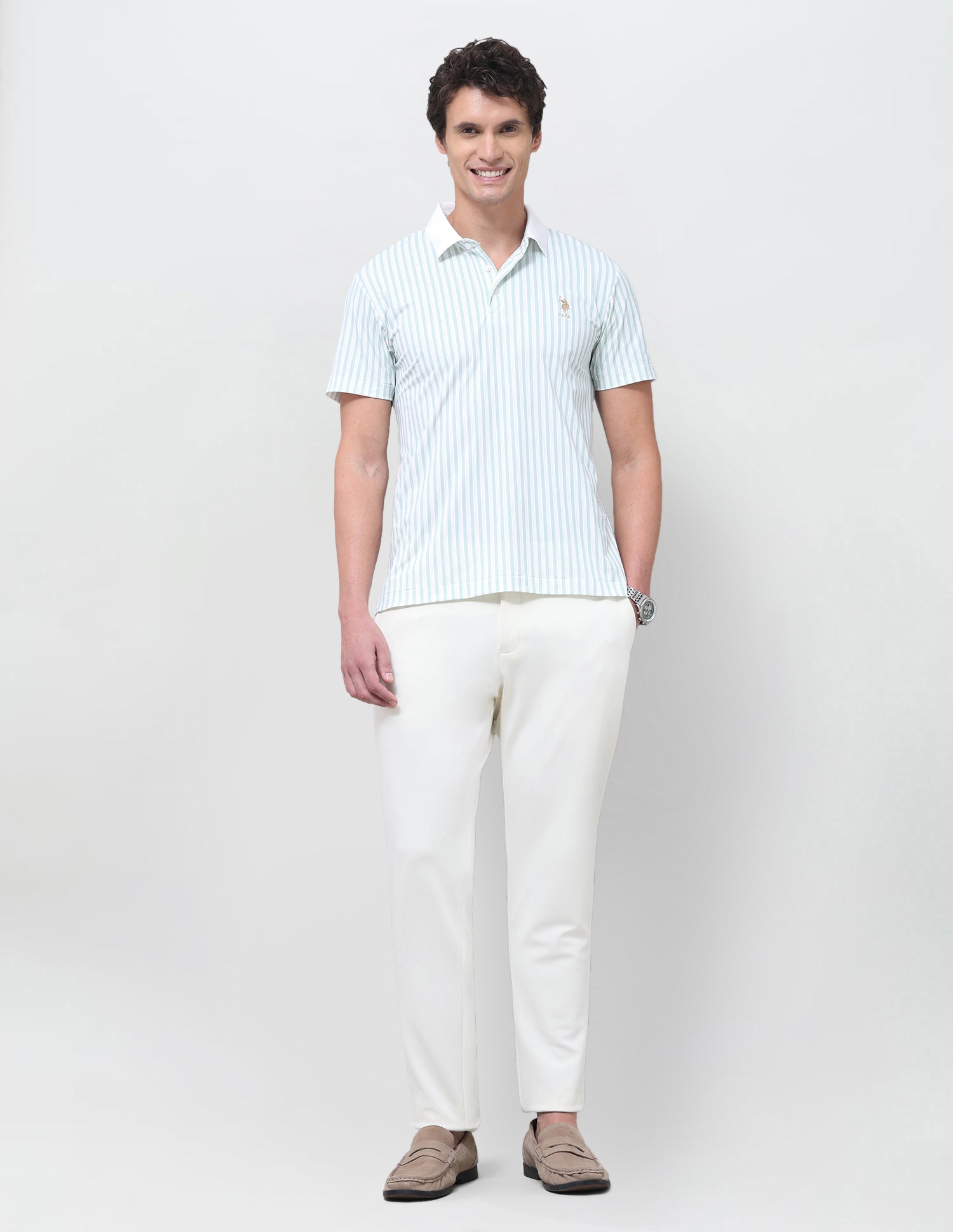 Vertical Striped Slim Fit Polo Shirt Light Green - U.S. Polo Assn. India | Large