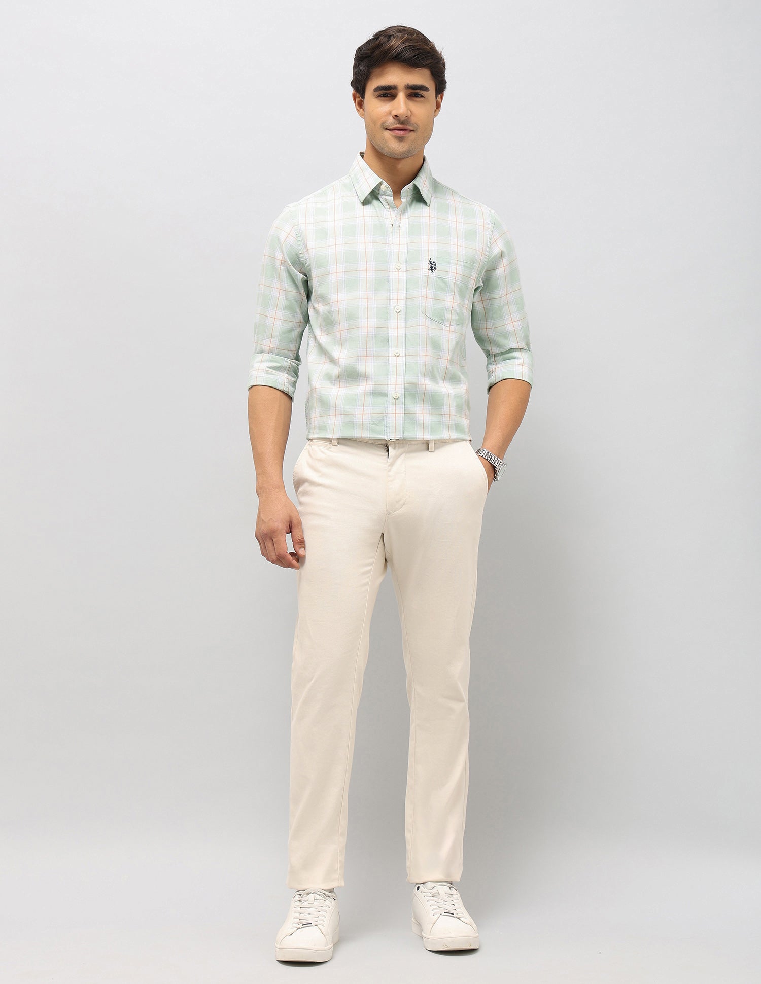 Plaid Checked Pure Cotton Shirt Light Green - U.S. Polo Assn. India | Large