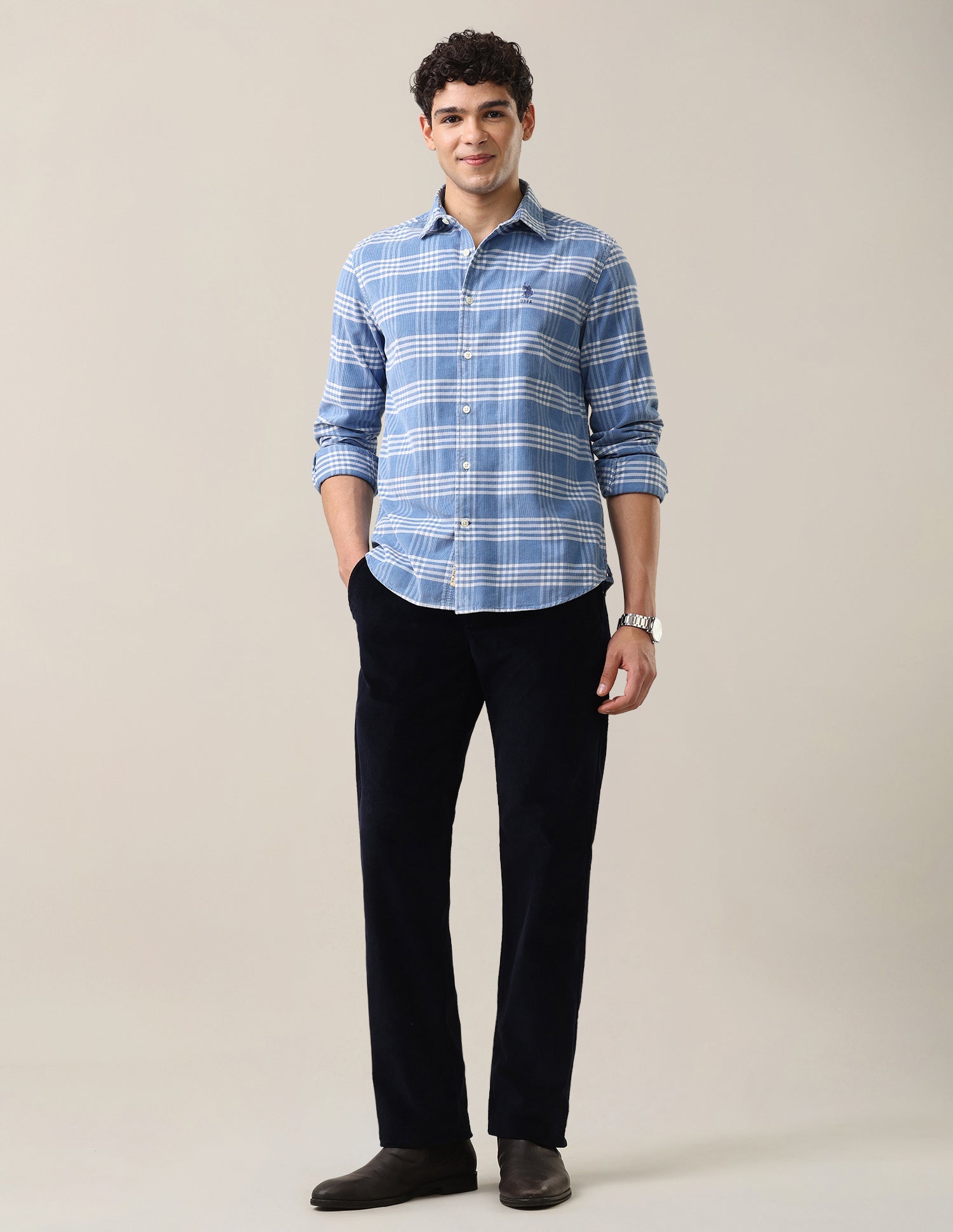Grid Tattersall Checked Corduroy Shirt Light Indigo - U.S. Polo Assn. India | Large