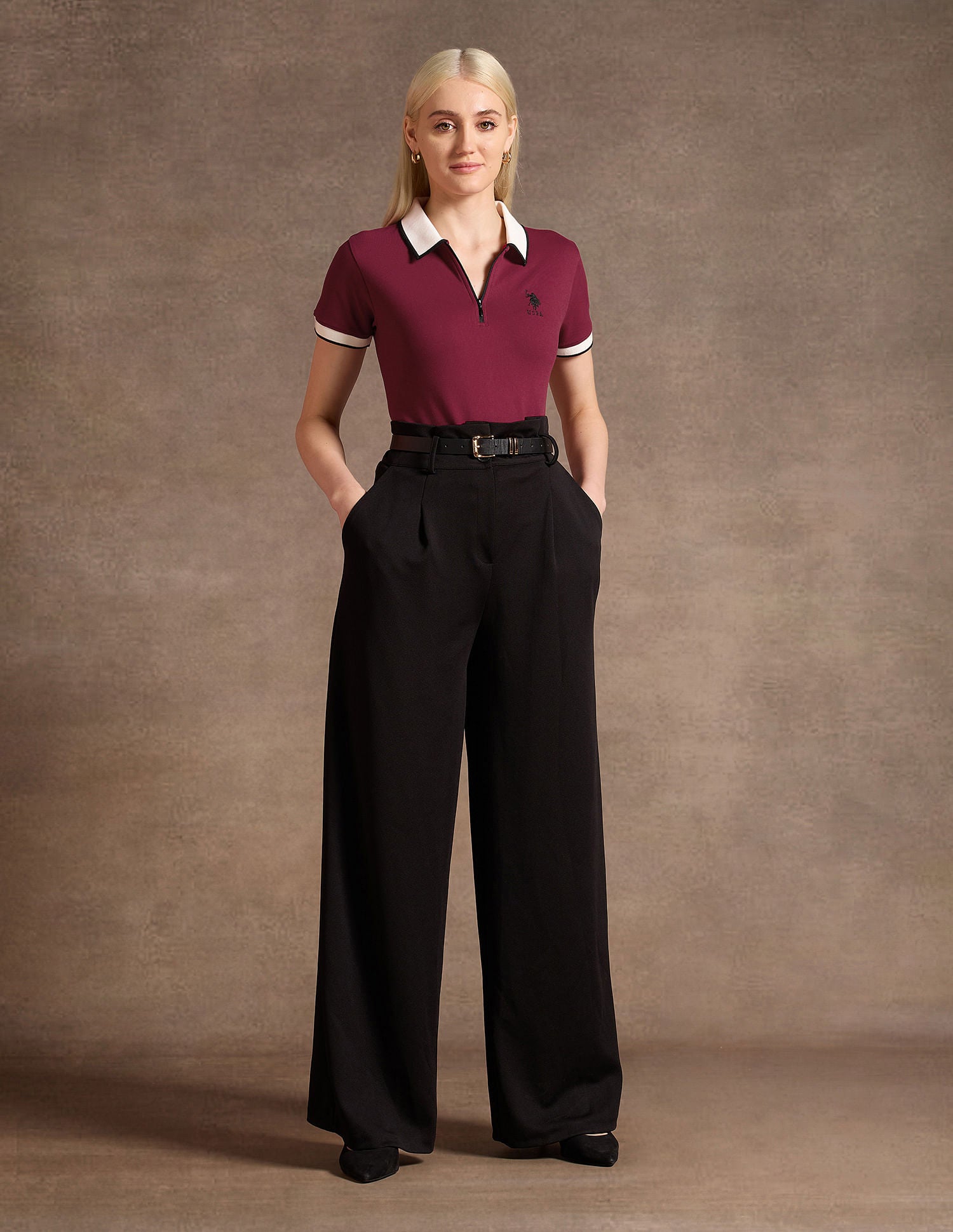 Contrast Collar Zip-Up Polo Shirt Maroon - U.S. POLO ASSN. | Large