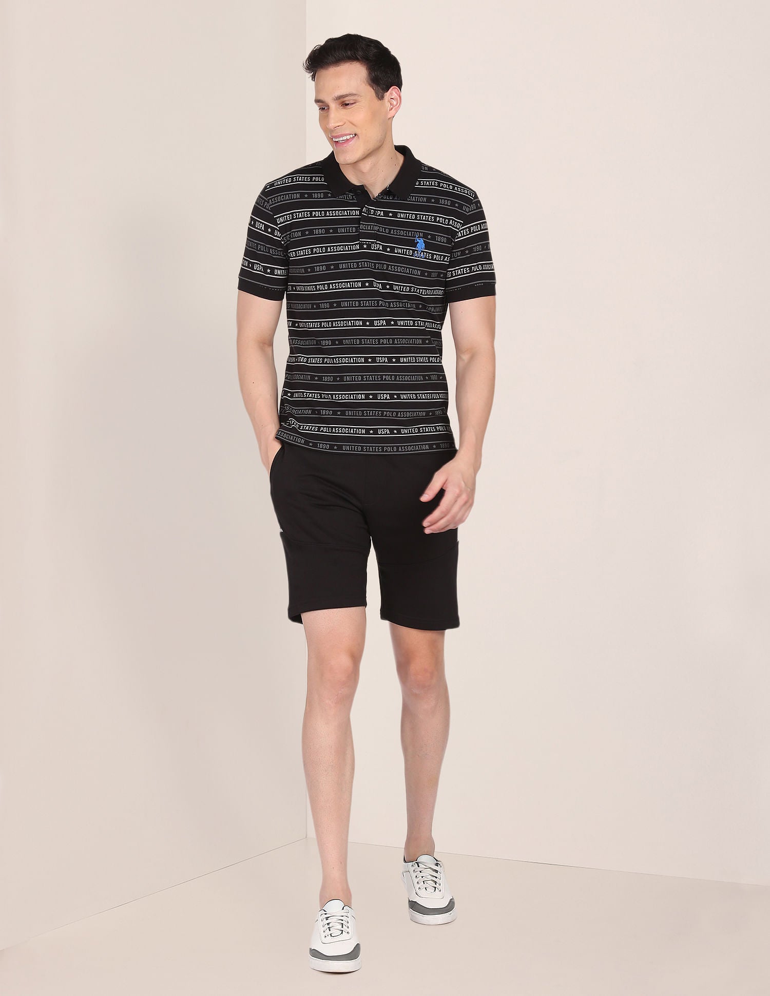 Ribbed Collar All Over Print Polo Shirt Black - U.S. Polo Assn. India | Large