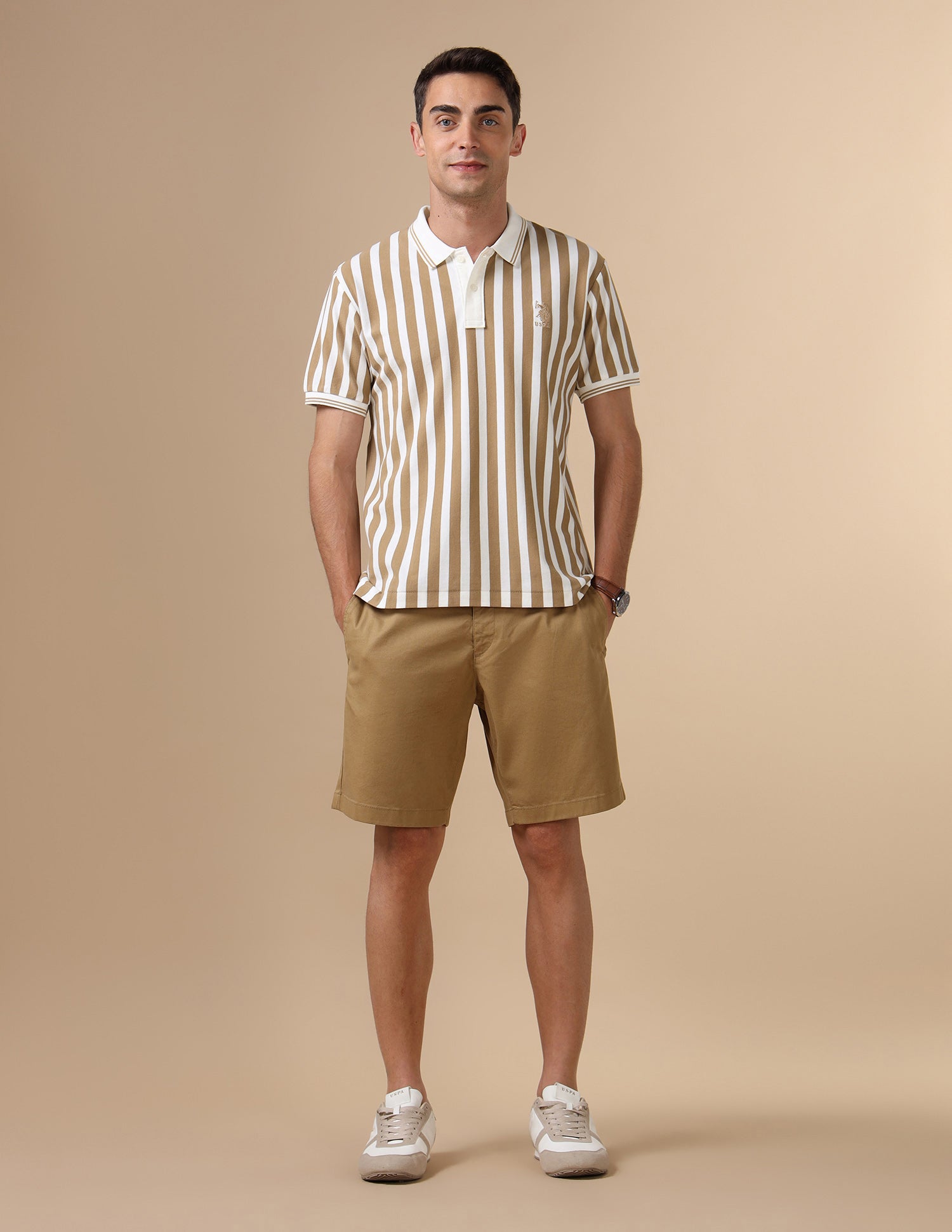 Vertical Striped Varsity Polo Shirt Light Brown - U.S. POLO ASSN. | Large