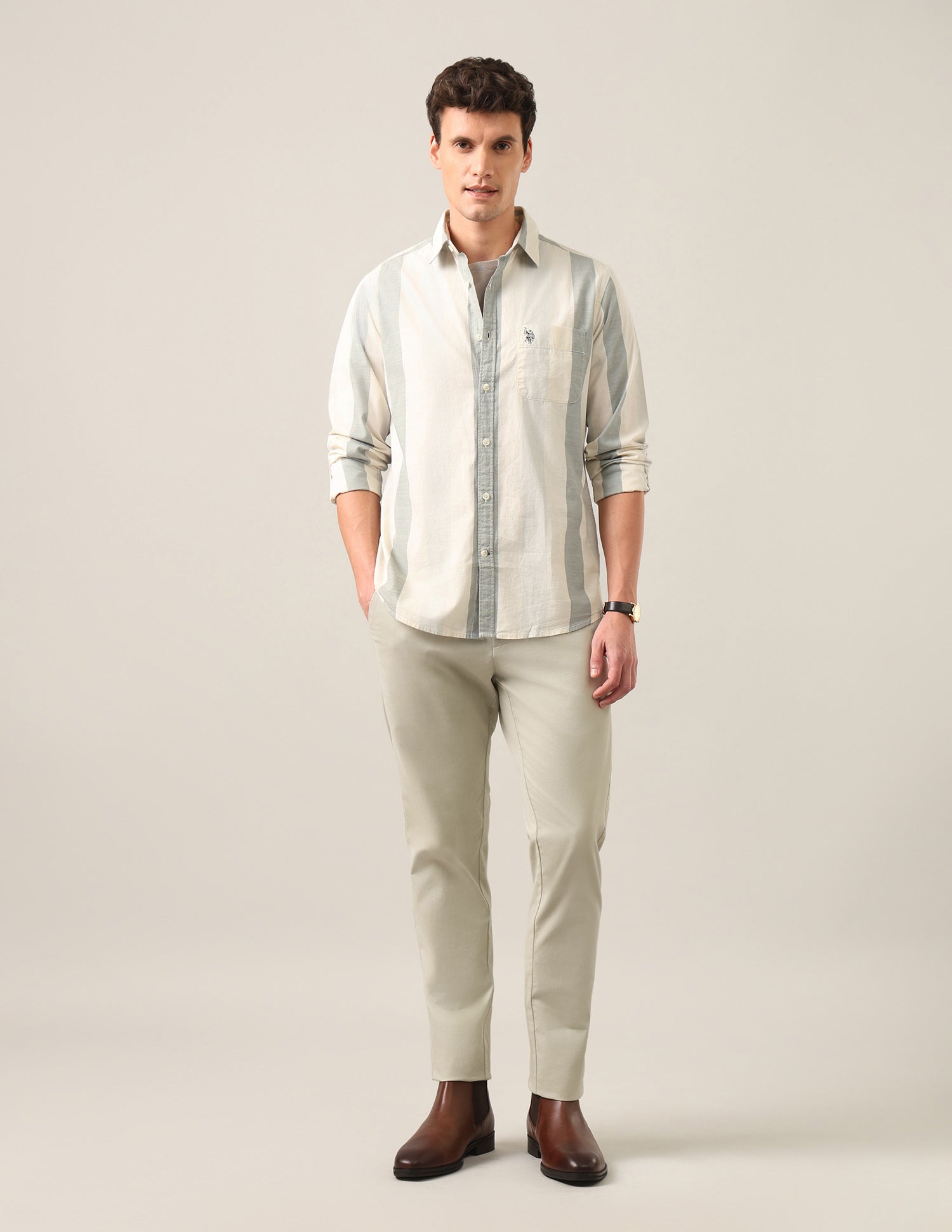Vertical Striped Regular Fit Shirt Light Olive - U.S. Polo Assn. India | Large
