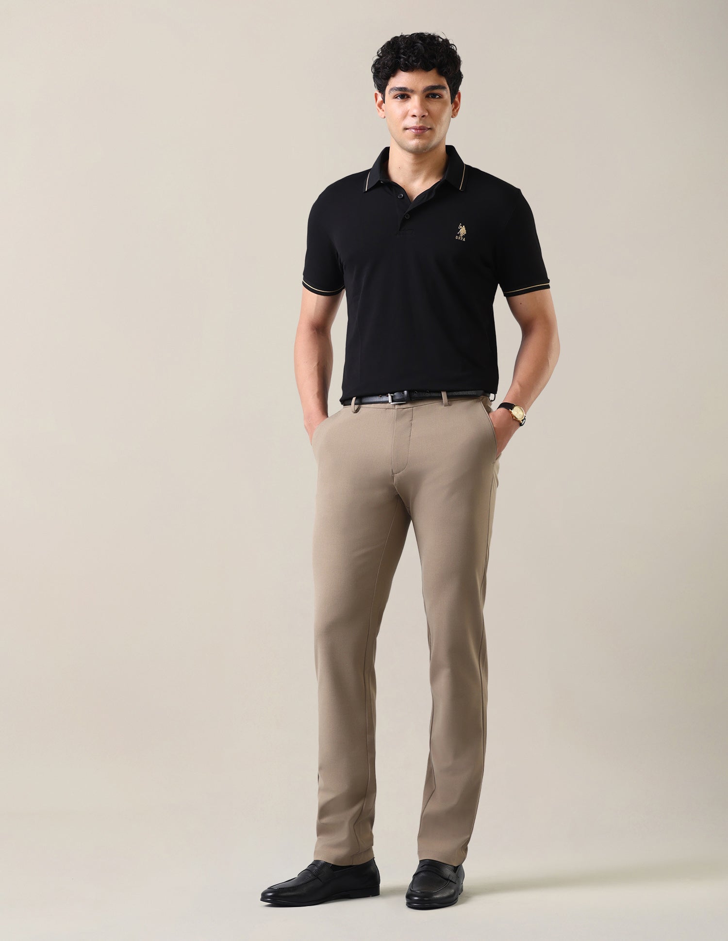 Slim Fit Satin Trousers Light Khaki - U.S. Polo Assn. India | Large