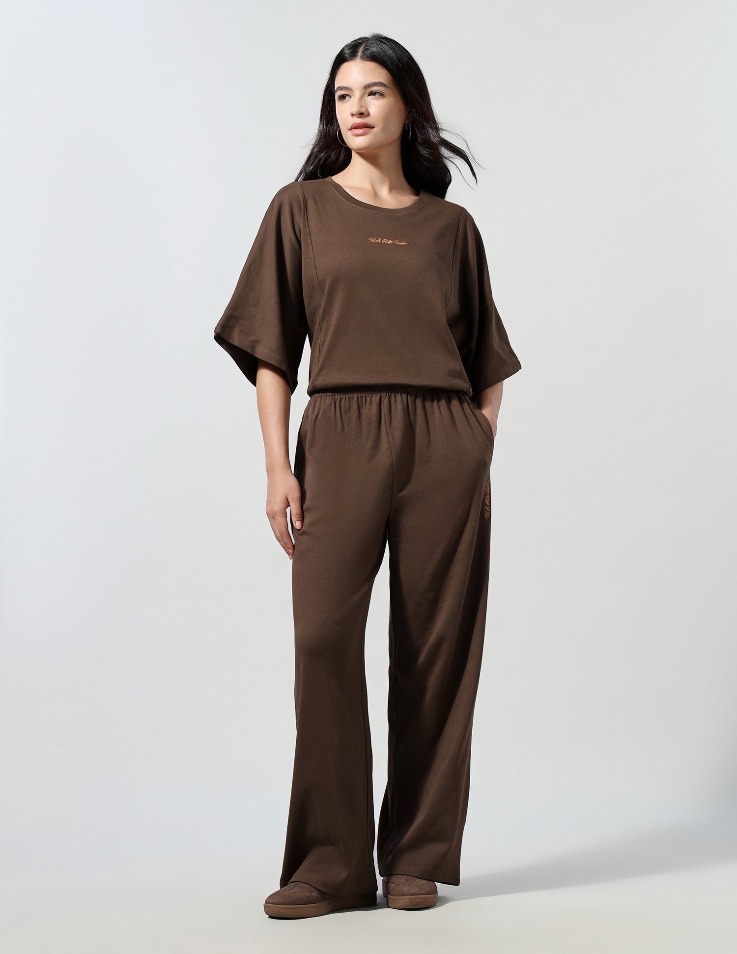 Solid T-Shirt With Wide Leg Track Pants Brown - U.S. Polo Assn. India | Large