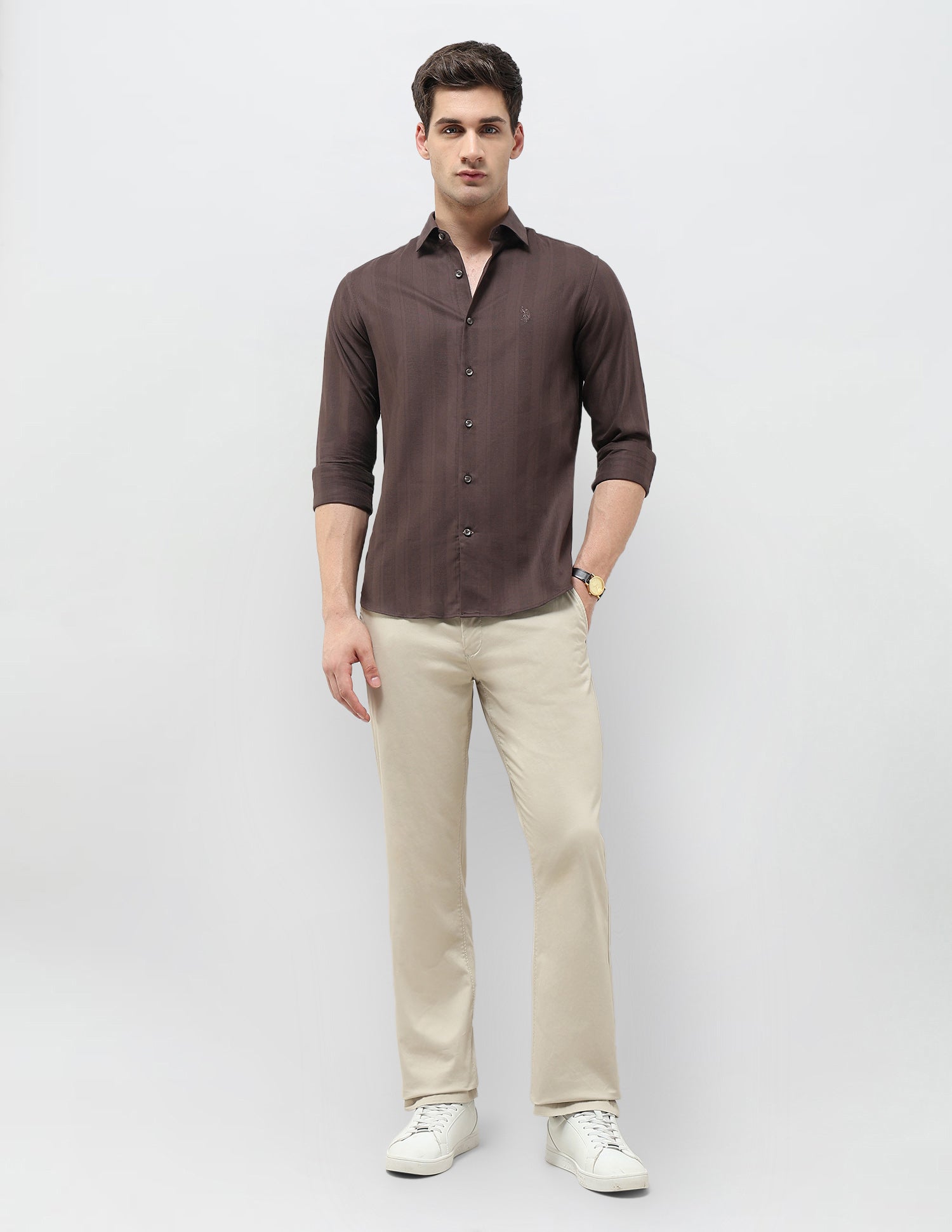 Textured Vertical Striped Dobby Shirt Brown - U.S. POLO ASSN. | Large