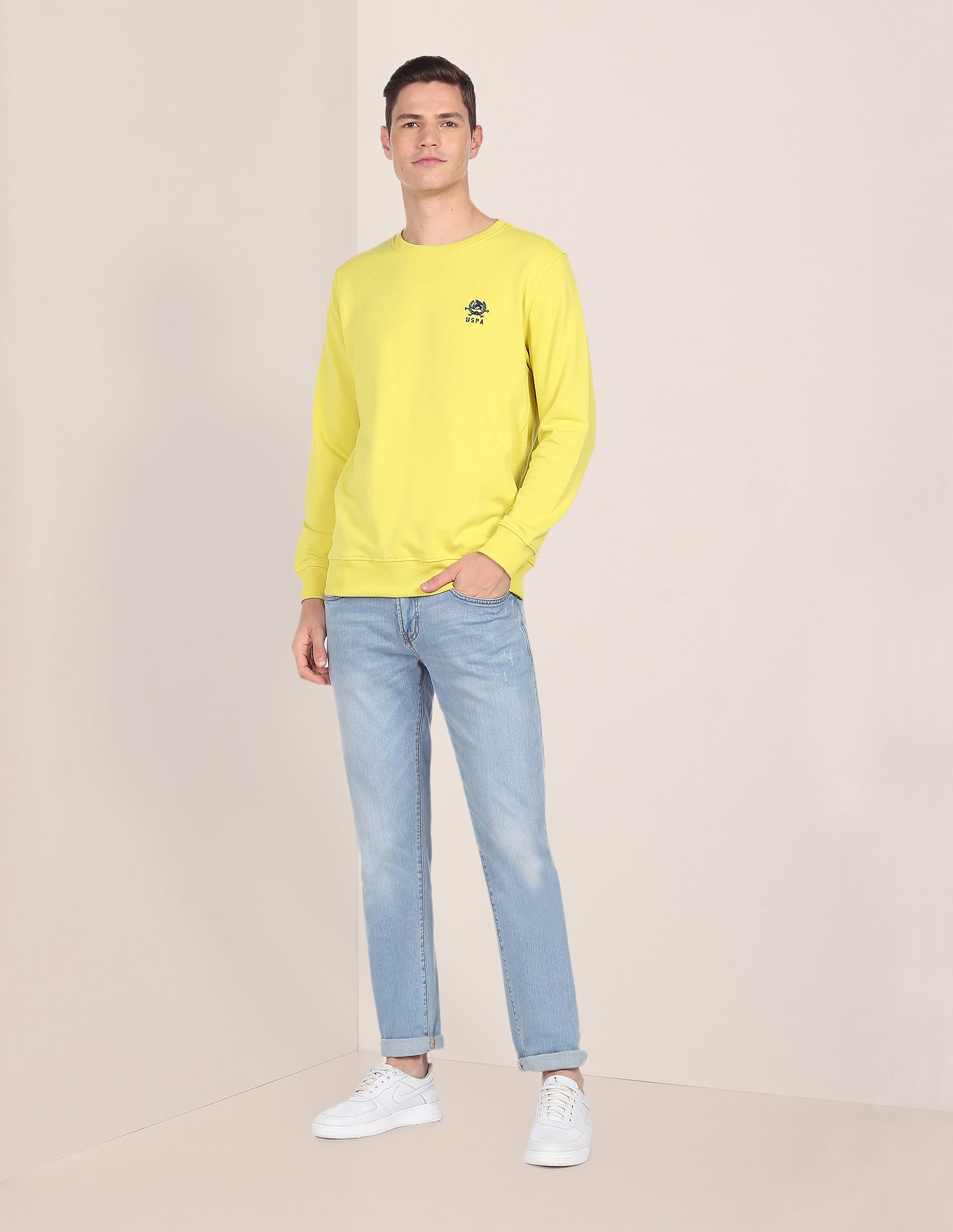 Embroidered Logo Crew Neck Sweatshirt Light Yellow - U.S. POLO ASSN. | Large