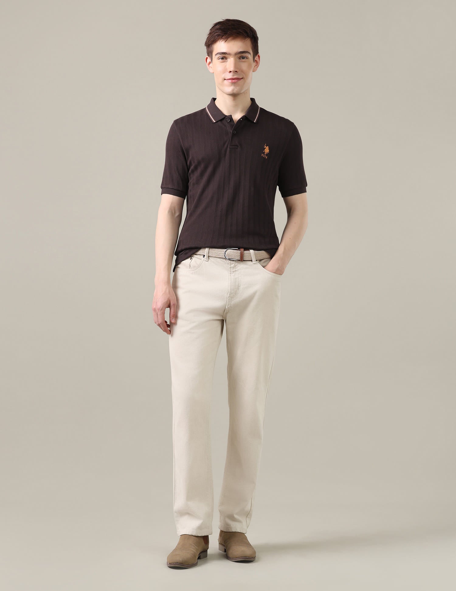 Textured Chevron Slim Fit Polo Shirt Brown - U.S. Polo Assn. India | Large