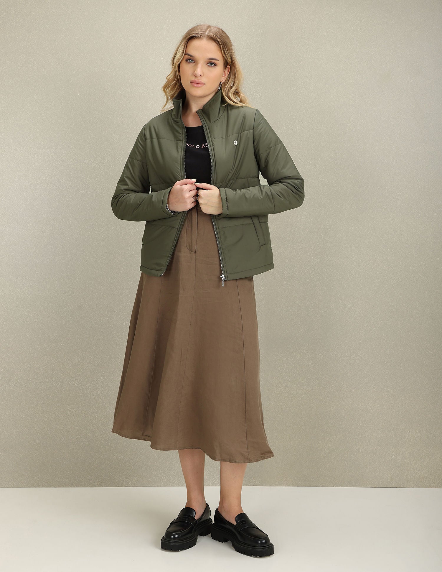 High Neck Solid Puffer Jacket Olive - U.S. Polo Assn. India | Large