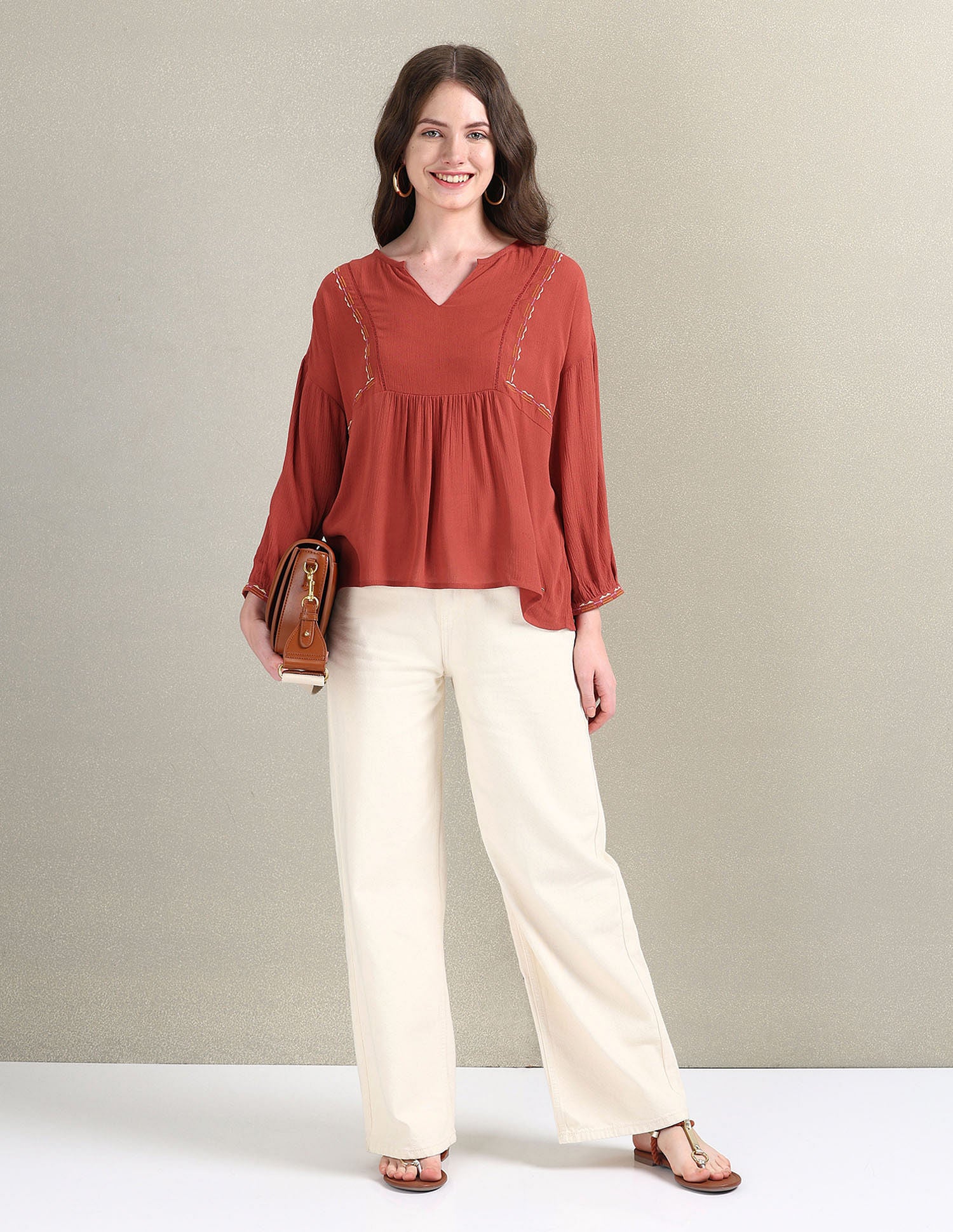 Crinkle Viscose Relaxed Top Rust - U.S. Polo Assn. India | Large