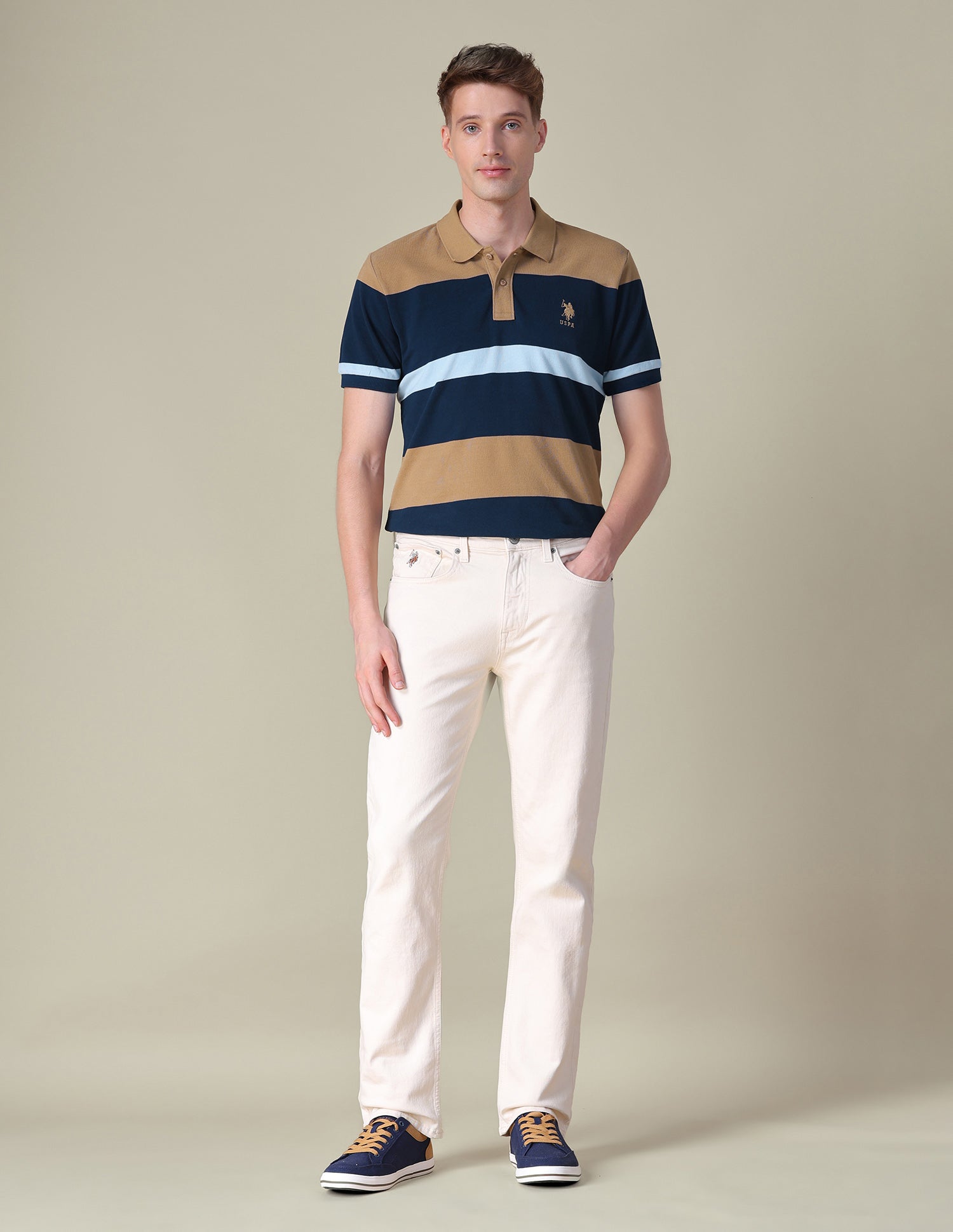 Colorblocked Boxy Fit Polo Shirt Beige - U.S. POLO ASSN. | Large