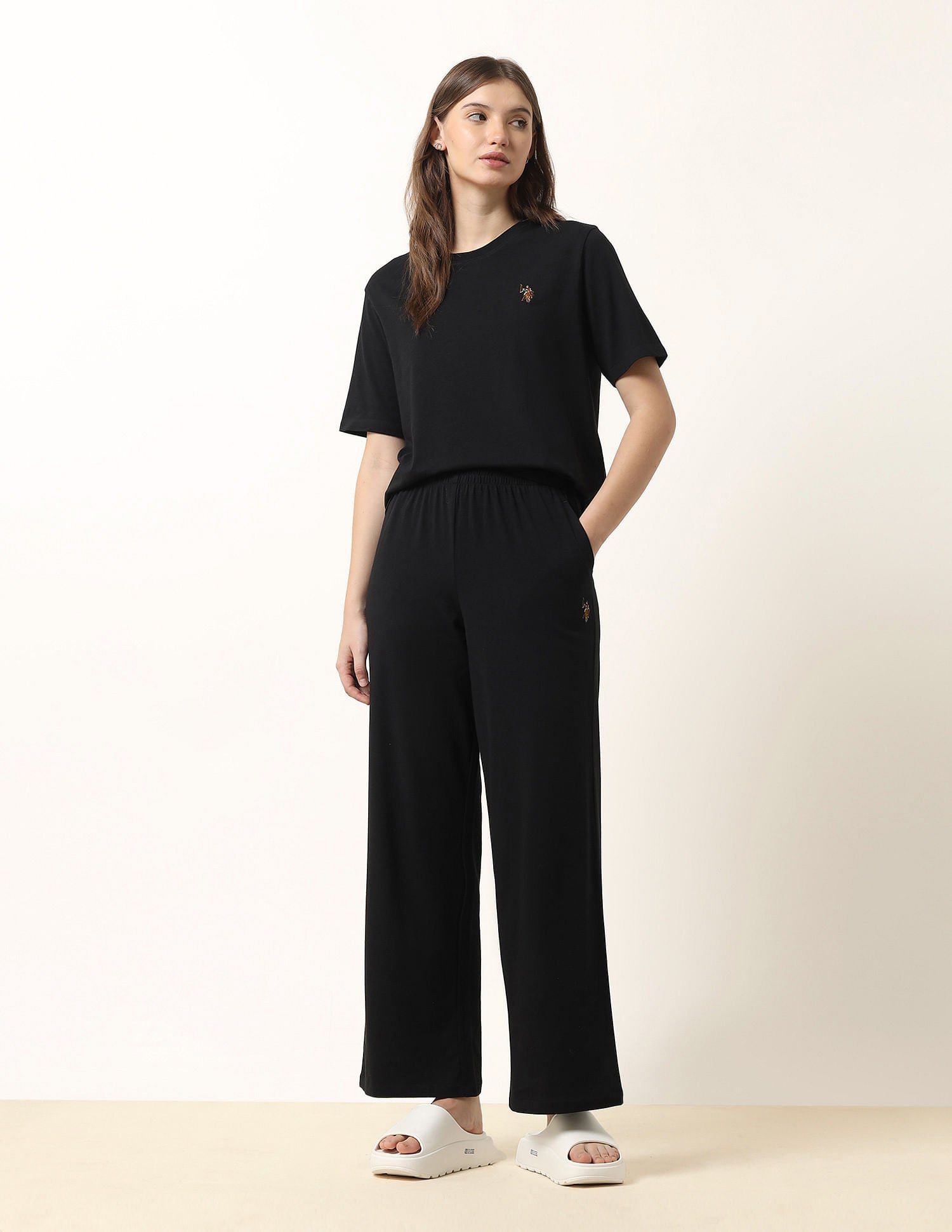 High-Rise Wide Leg Lounge Pants Black - U.S. POLO ASSN. | Large