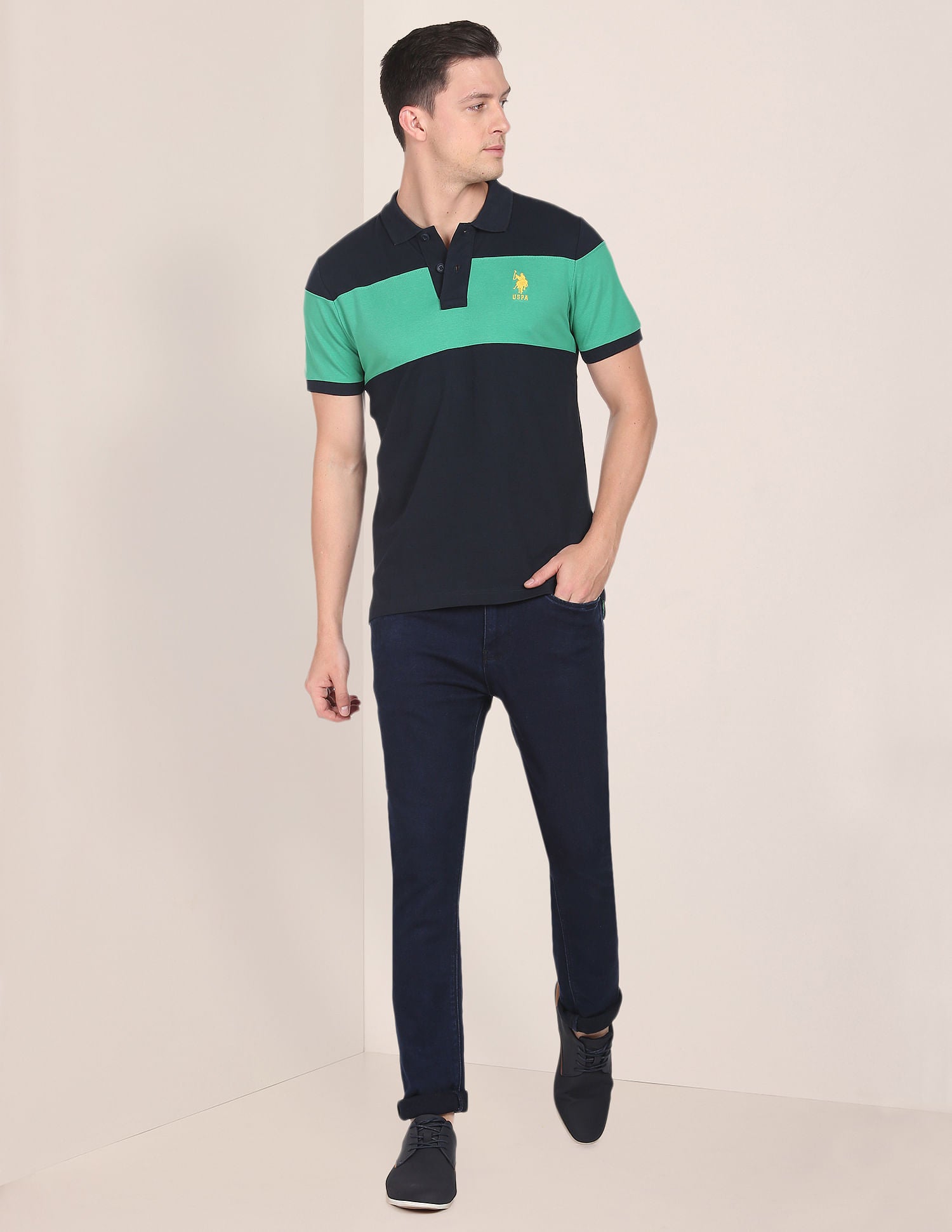 Colour Block Cotton Polo Shirt Navy and Green - U.S. Polo Assn. India | Large