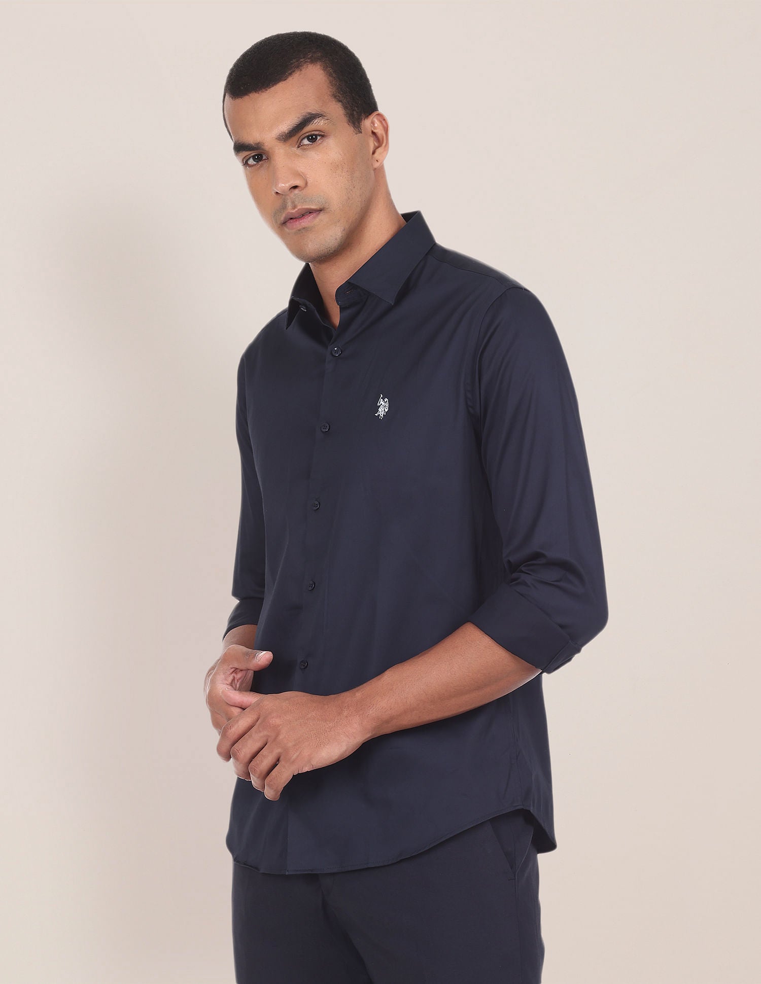 Barrel Cuff Cotton Stretch Shirt Navy - U.S. POLO ASSN. | Large