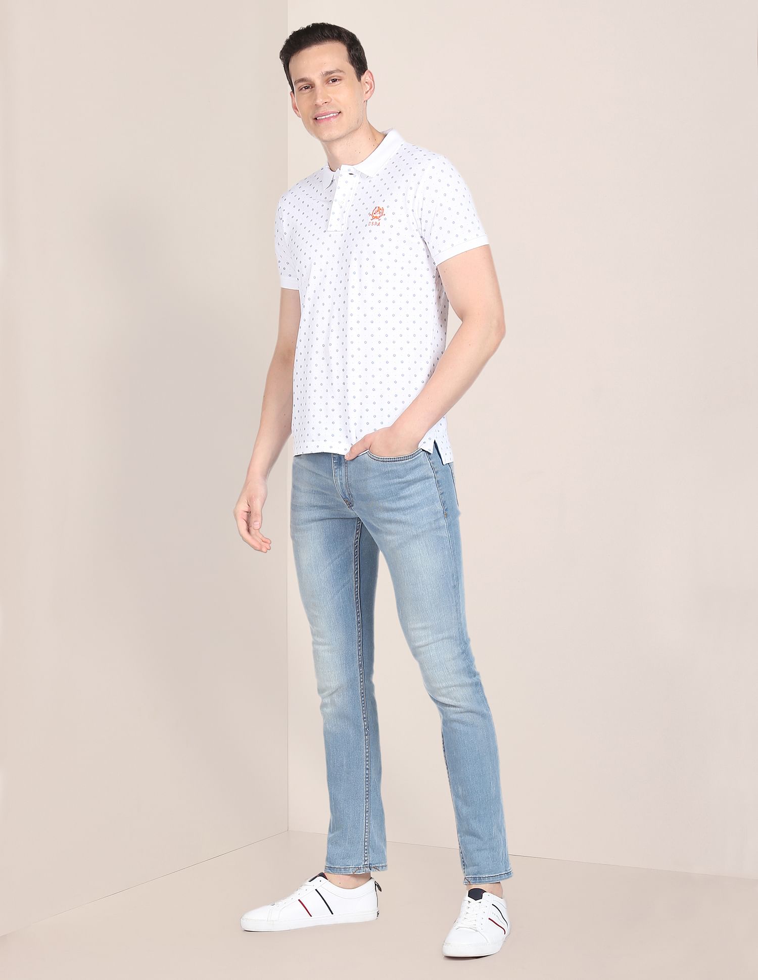 Men White Floral Print Cotton Pique Polo Shirt White - U.S. POLO ASSN. | Large