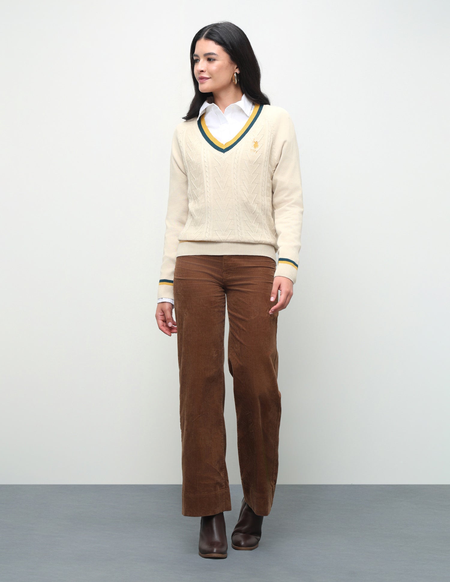 Cable Patterned Knit Regular Fit Sweater Ecru - U.S. Polo Assn. India | Large