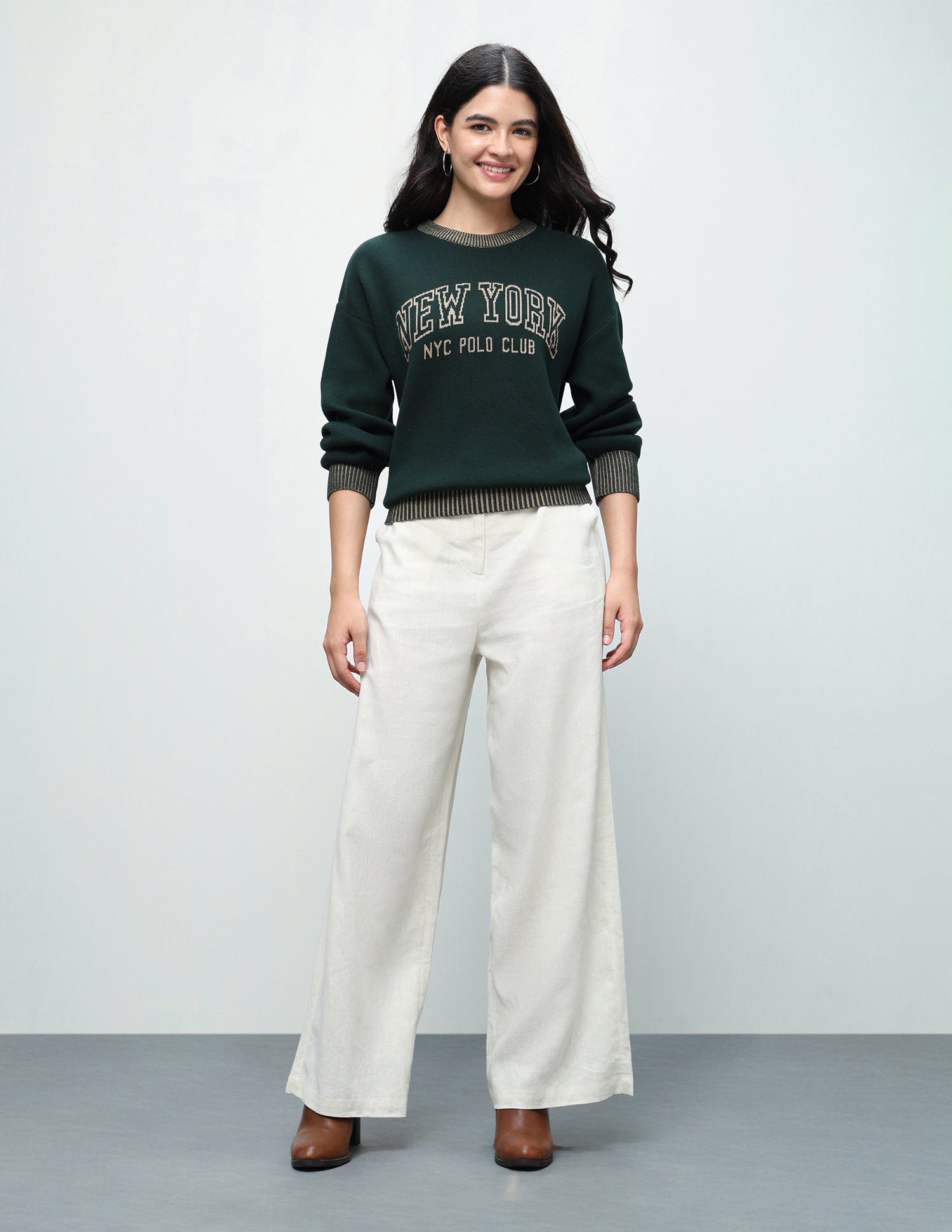 Typographic Patterned Knit Oversized Fit Sweater Dark Green - U.S. Polo Assn. India | Large
