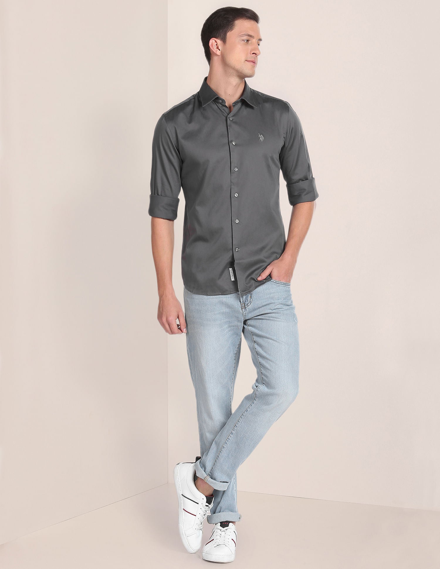 Spread Collar Solid Shirt Grey - U.S. POLO ASSN. | Large