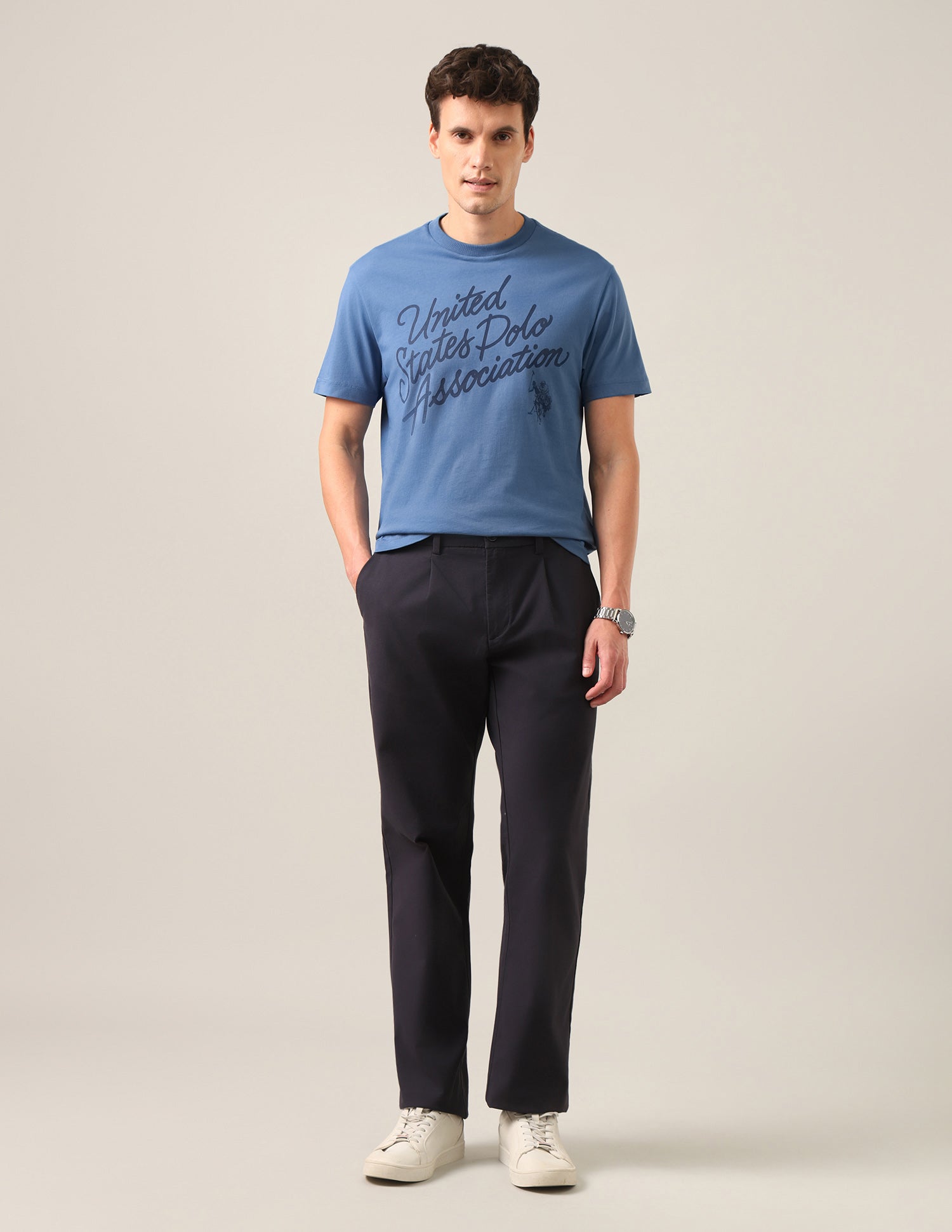 Typographic Brand Printed Regular Fit T-Shirt Dark Blue - U.S. Polo Assn. India | Large