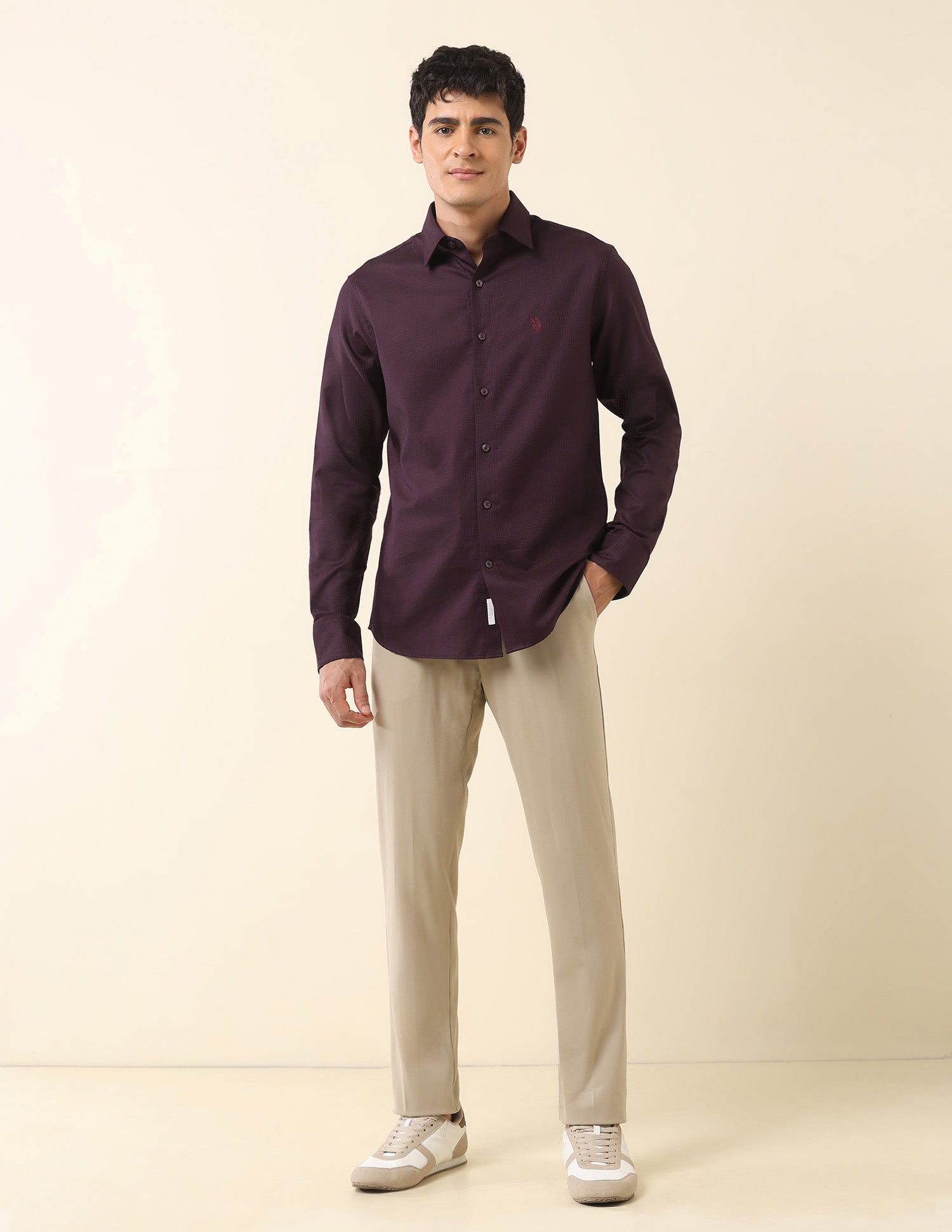 Tailored Fit Solid Pure Cotton Shirt Wine - U.S. Polo Assn. India | Large