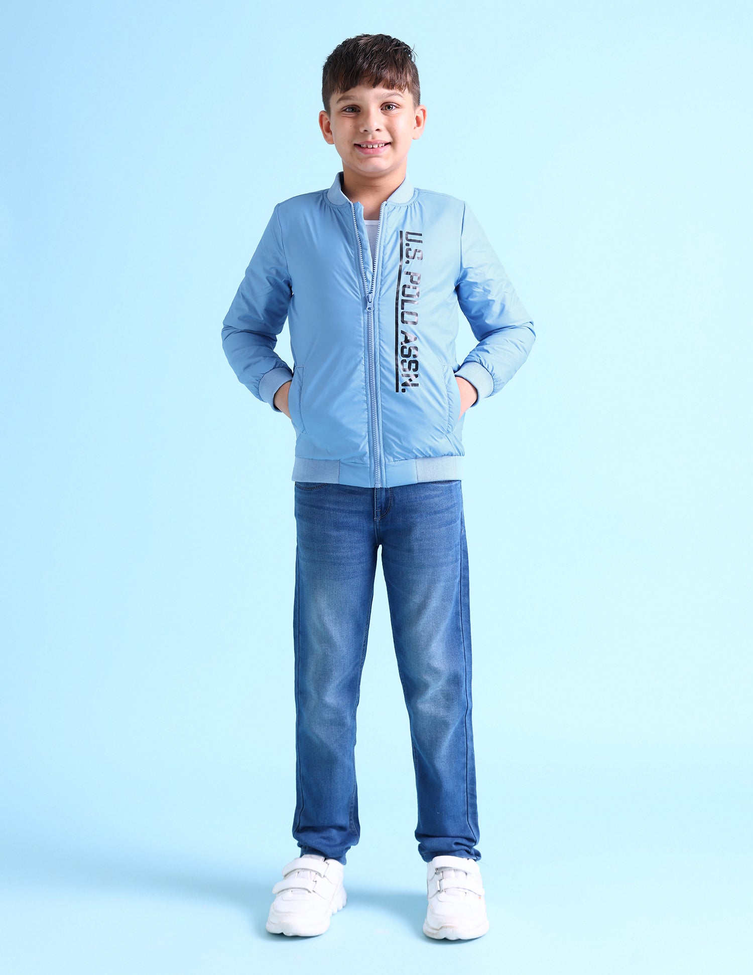 Boys Light Blue Stand Collar Solid Bomber Jacket Light Blue - U.S. POLO ASSN. | Large