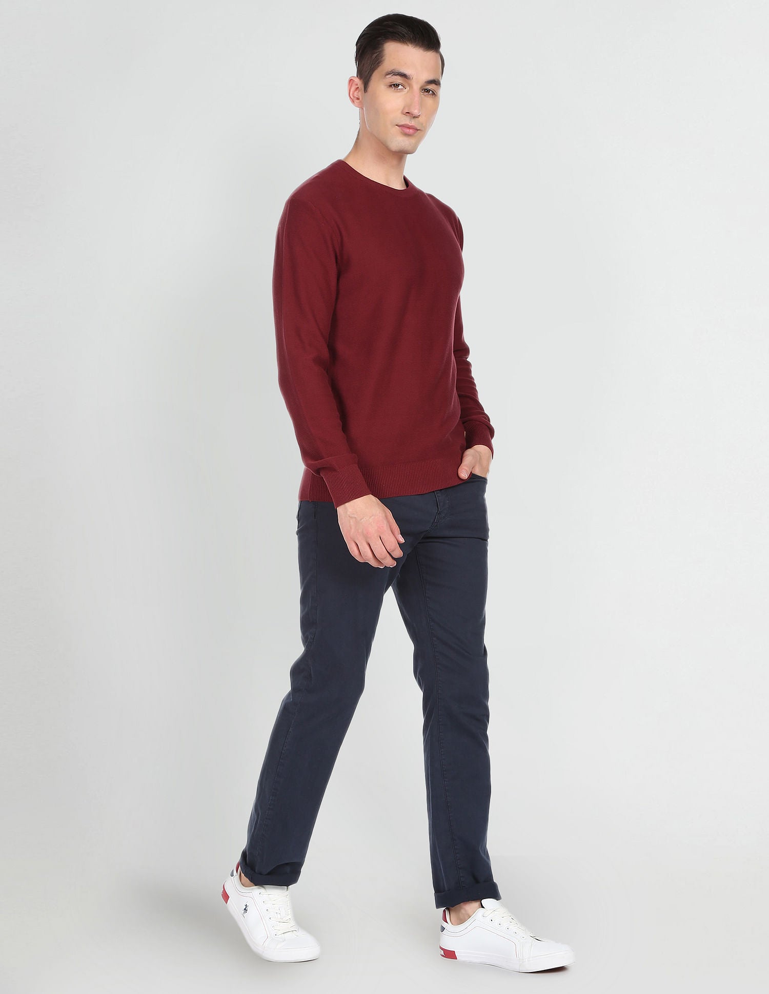 Crew Neck Solid Cotton Sweater Maroon - U.S. Polo Assn. India | Large