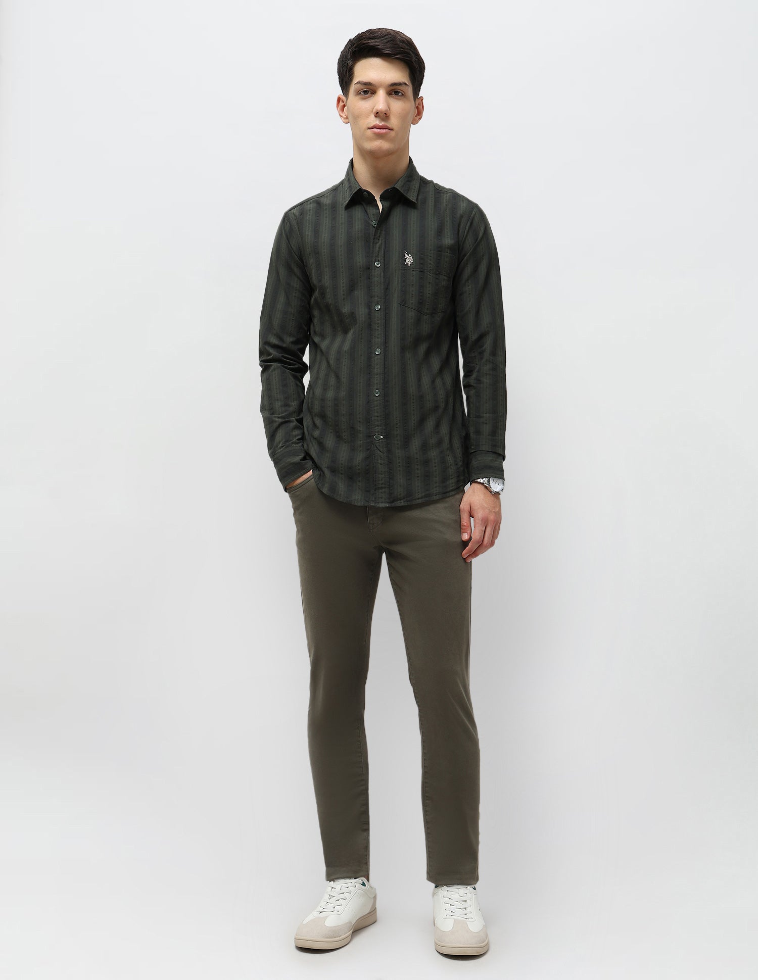 Vertical Striped Seersucker Shirt Olive - U.S. Polo Assn. India | Large