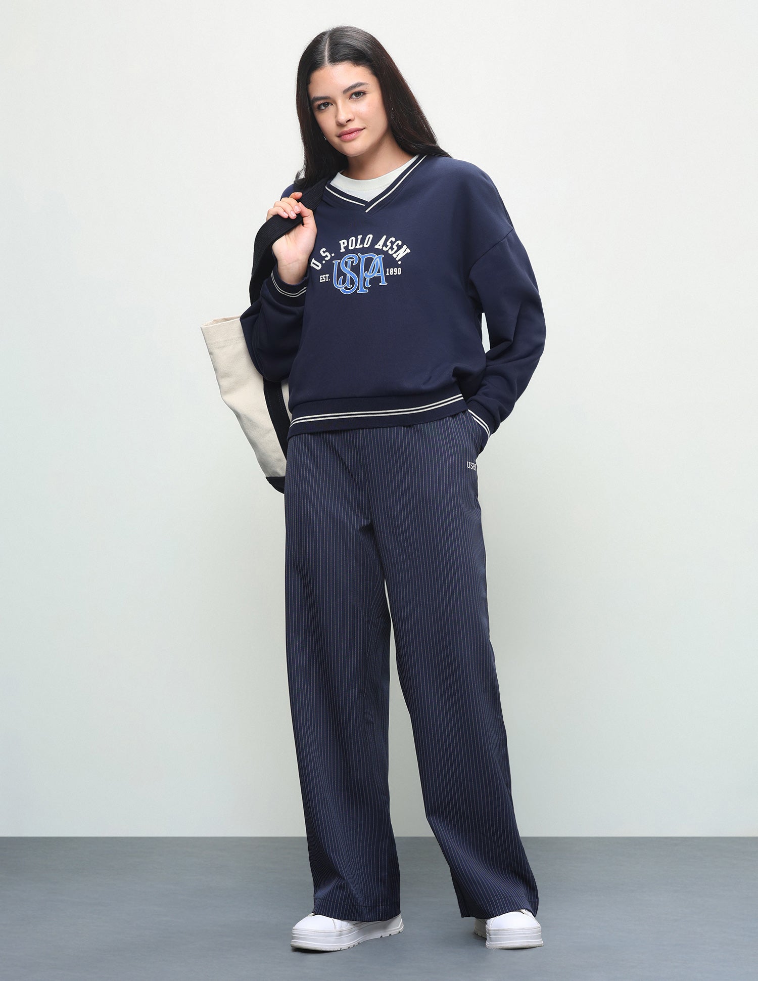 Typographic Brand Printed Oversized Fit Sweatshirt Dark Blue - U.S. Polo Assn. India | Large