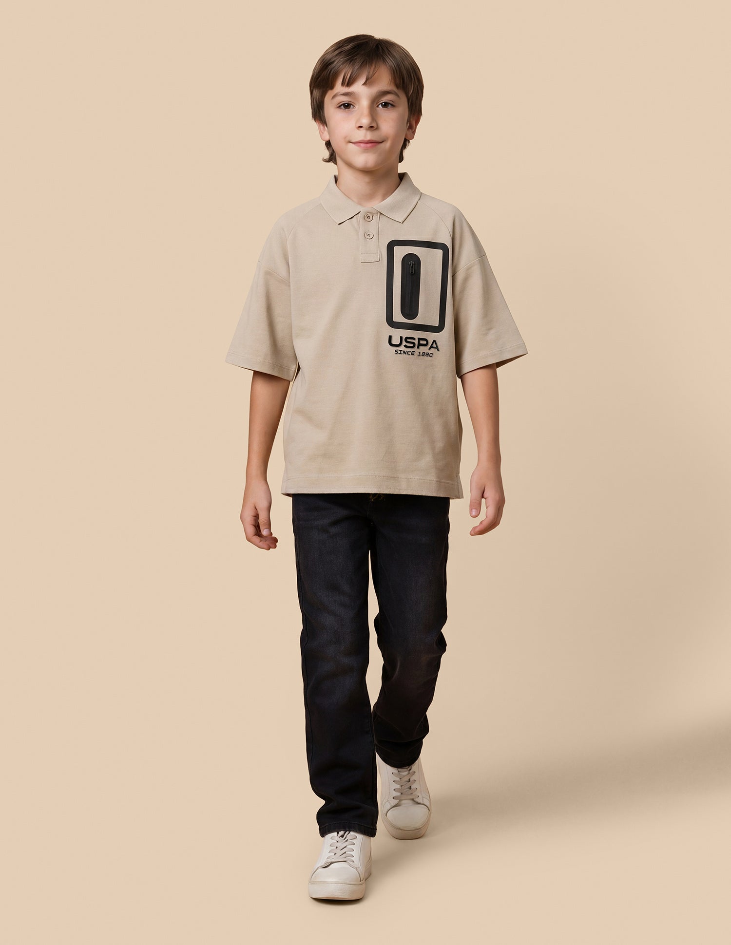 Solid Oversized Fit Polo Shirt Beige - U.S. Polo Assn. India | Large
