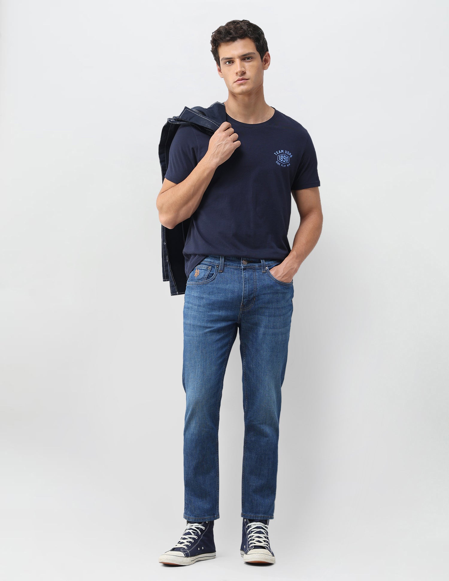 Cole Comfort Cropped Fit Blue Jeans Mid Blue - U.S. Polo Assn. India | Large