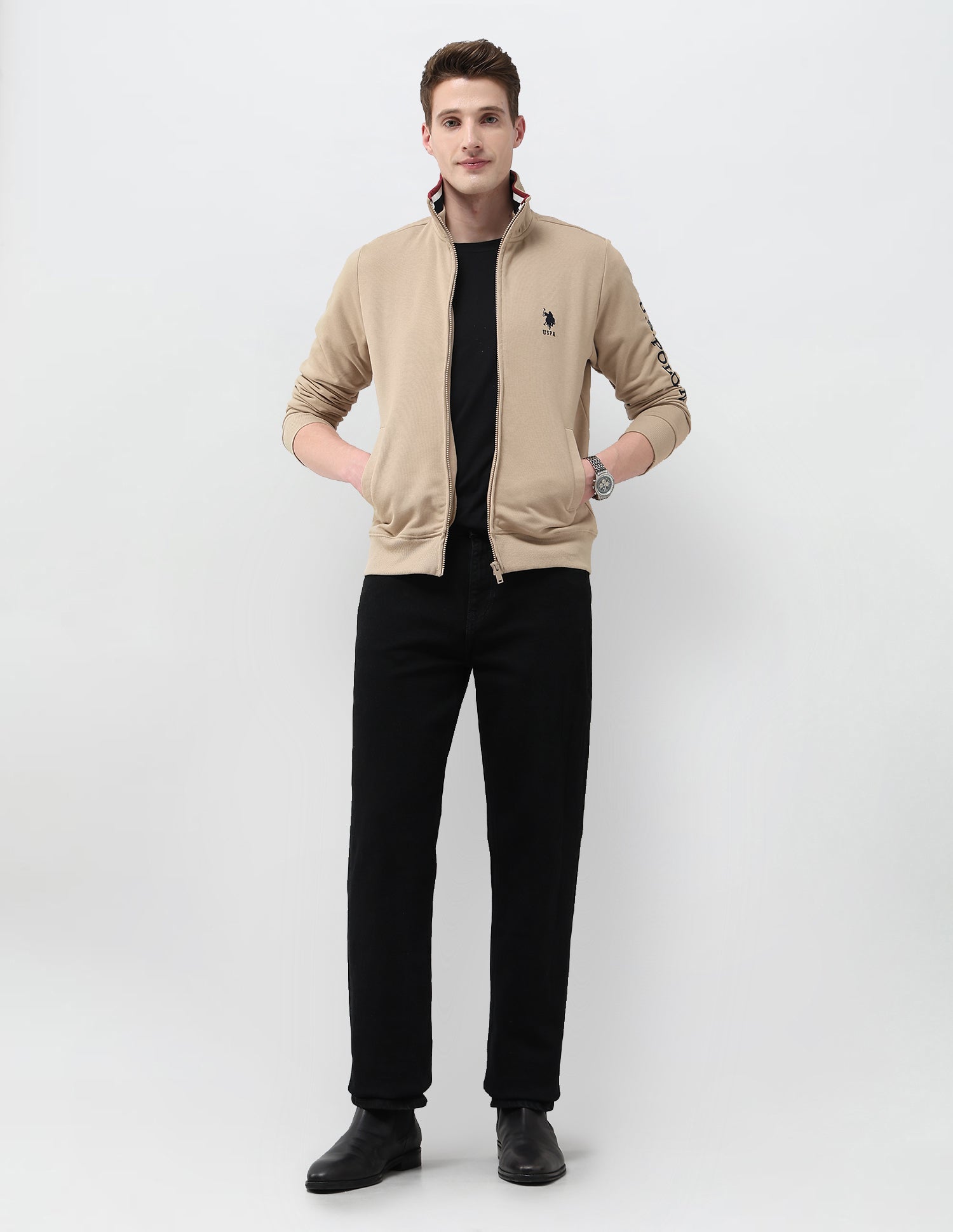 Brand Embroidered Zipper Sweatshirt Beige - U.S. Polo Assn. India | Large