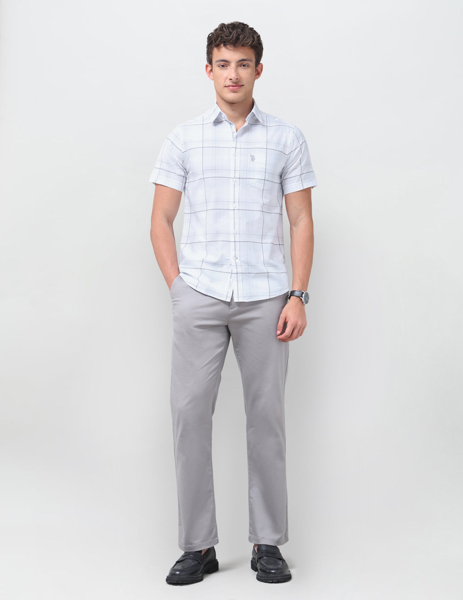 Windowpane Checked Regular Fit Shirt Light Grey - U.S. Polo Assn. India | Large