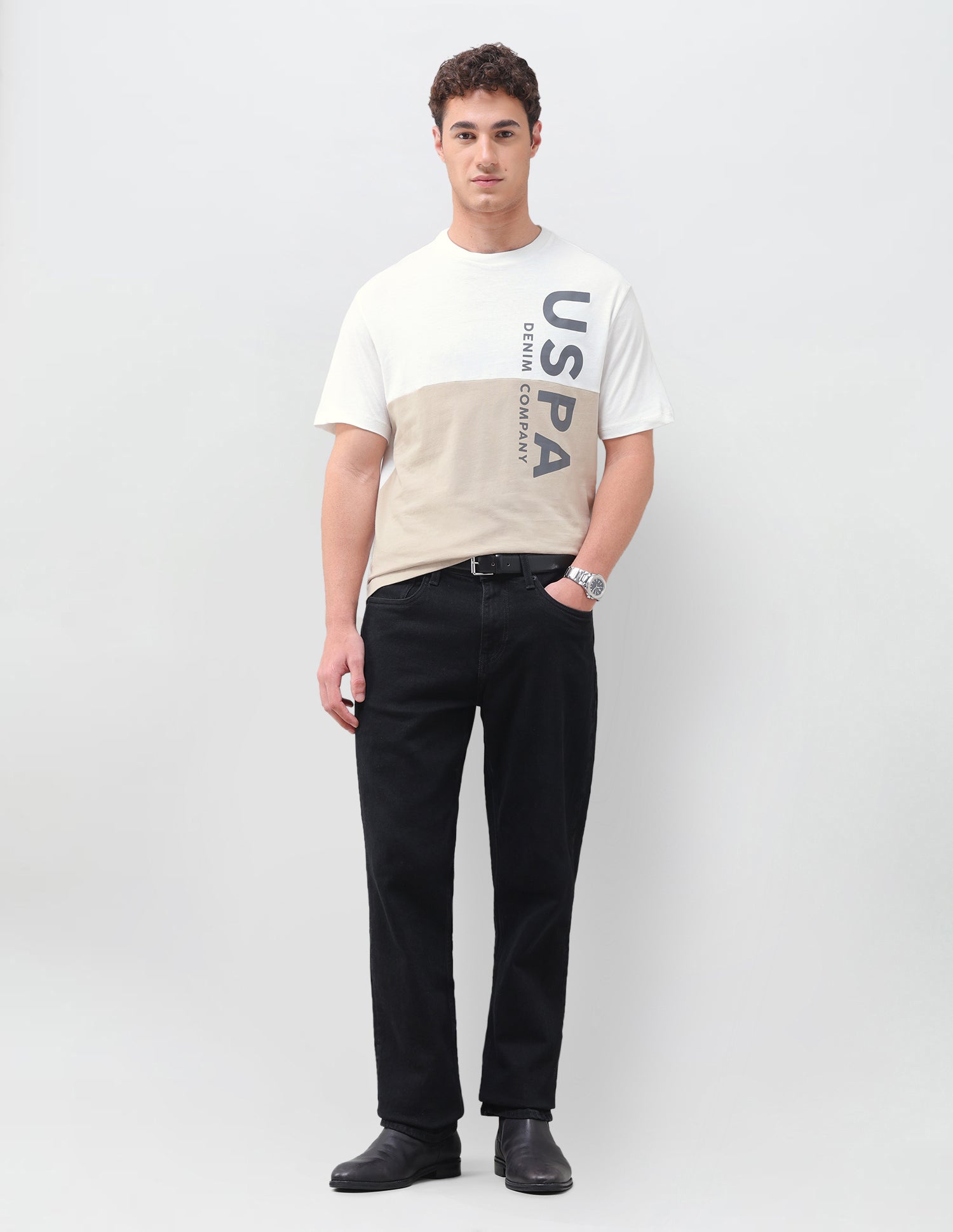 Colourblocked Brand Printed Regular Fit T-Shirt Ivory - U.S. Polo Assn. India | Large