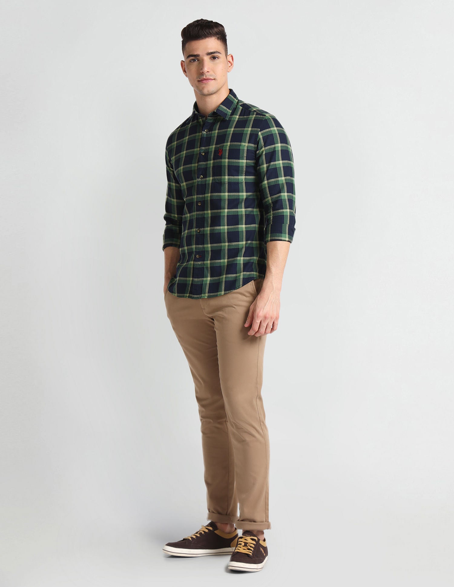 Tartan Check Herringbone Shirt Green and Navy - U.S. Polo Assn. India | Large