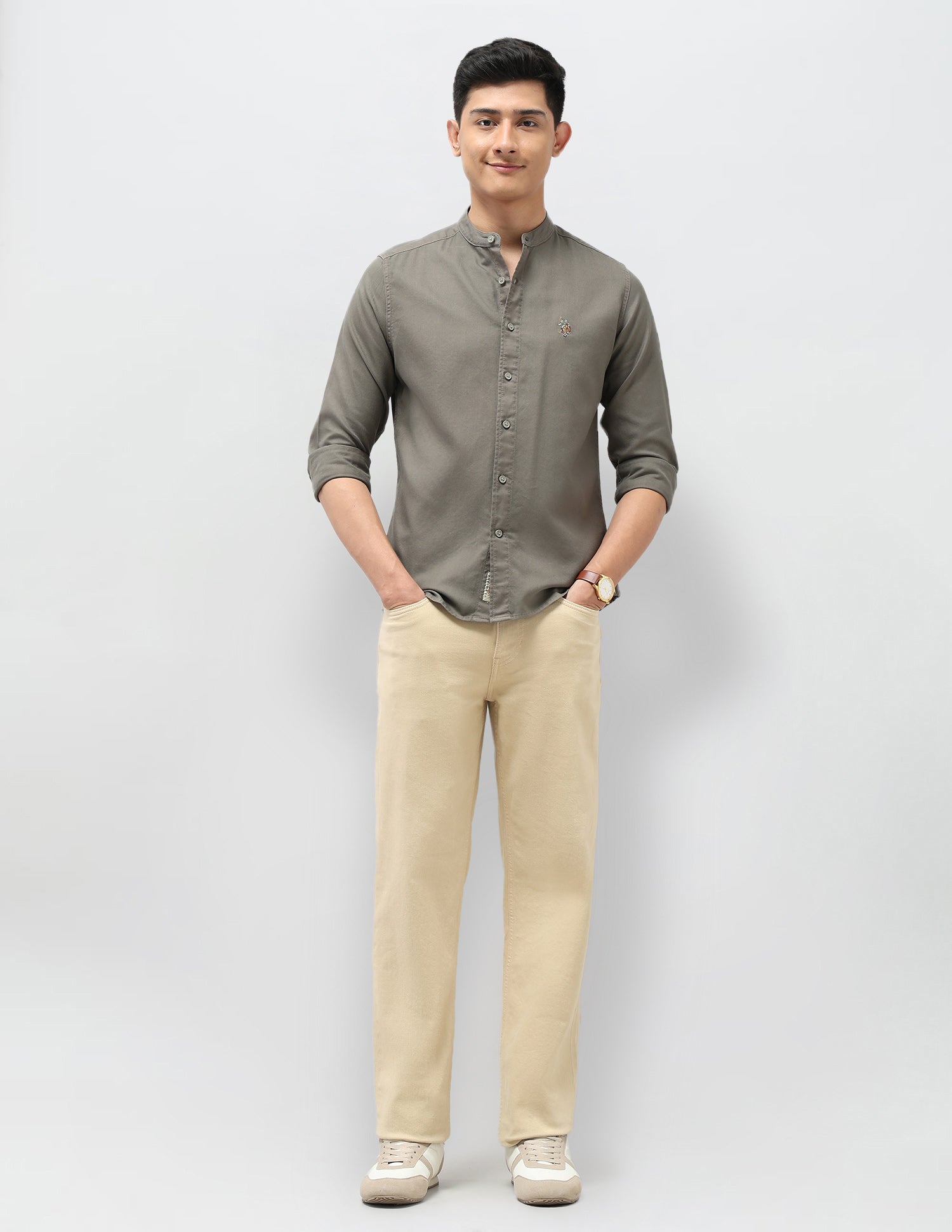 Twill Pure Cotton Mandarin Shirt Light Olive - U.S. POLO ASSN. | Large