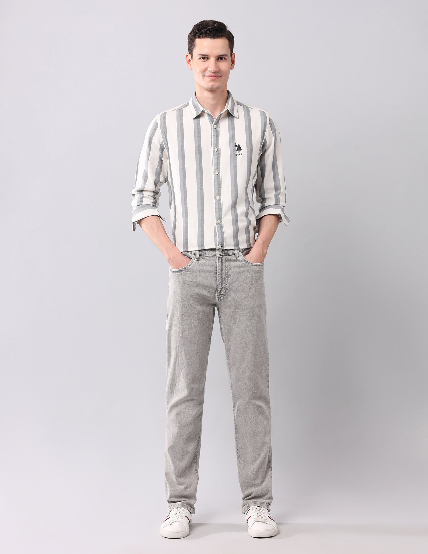 Vertical Striped Pure Cotton Shirt Ivory - U.S. Polo Assn. India | Large