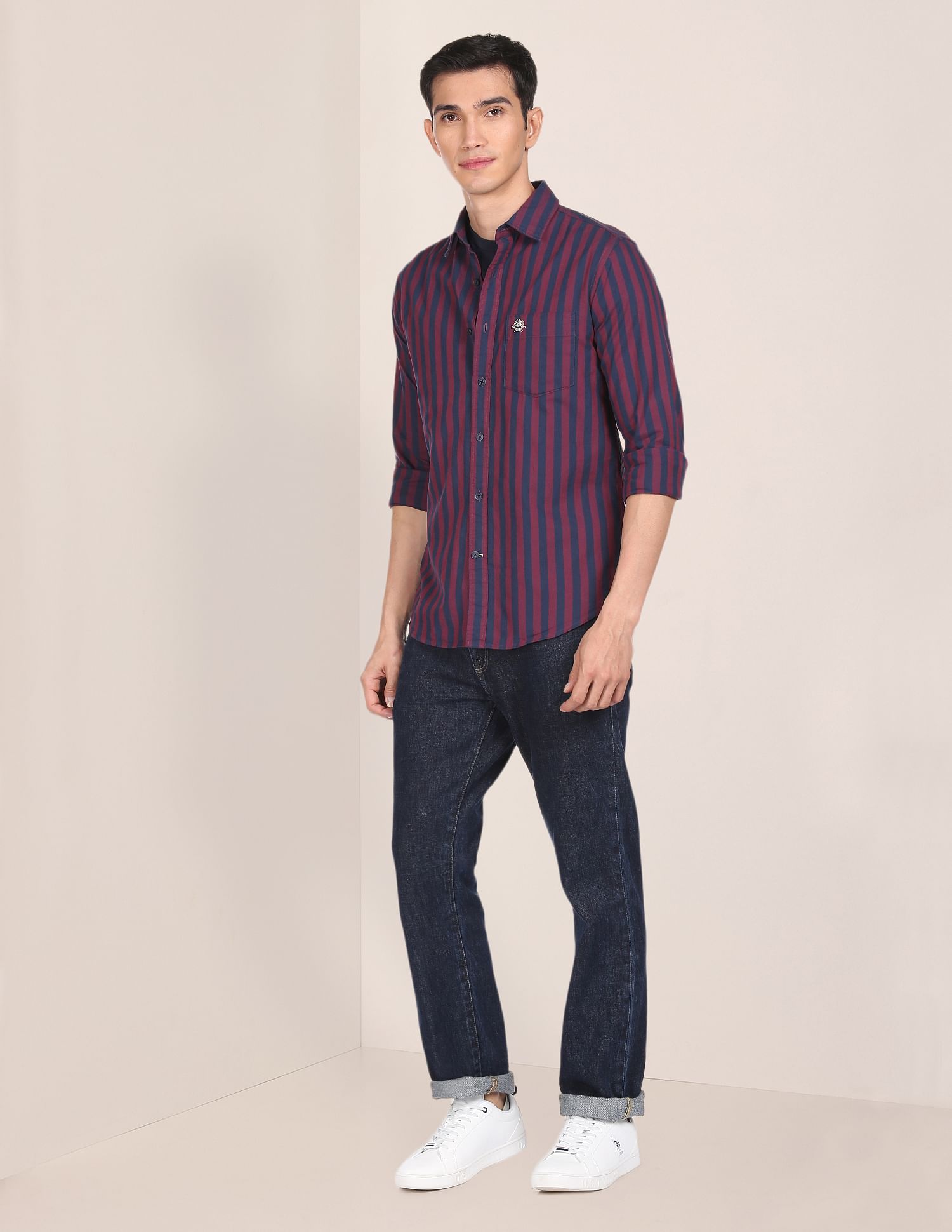 Men Maroon And Navy Striped Cotton Formal Shirt Maroon and Navy - U.S. POLO ASSN. | Large