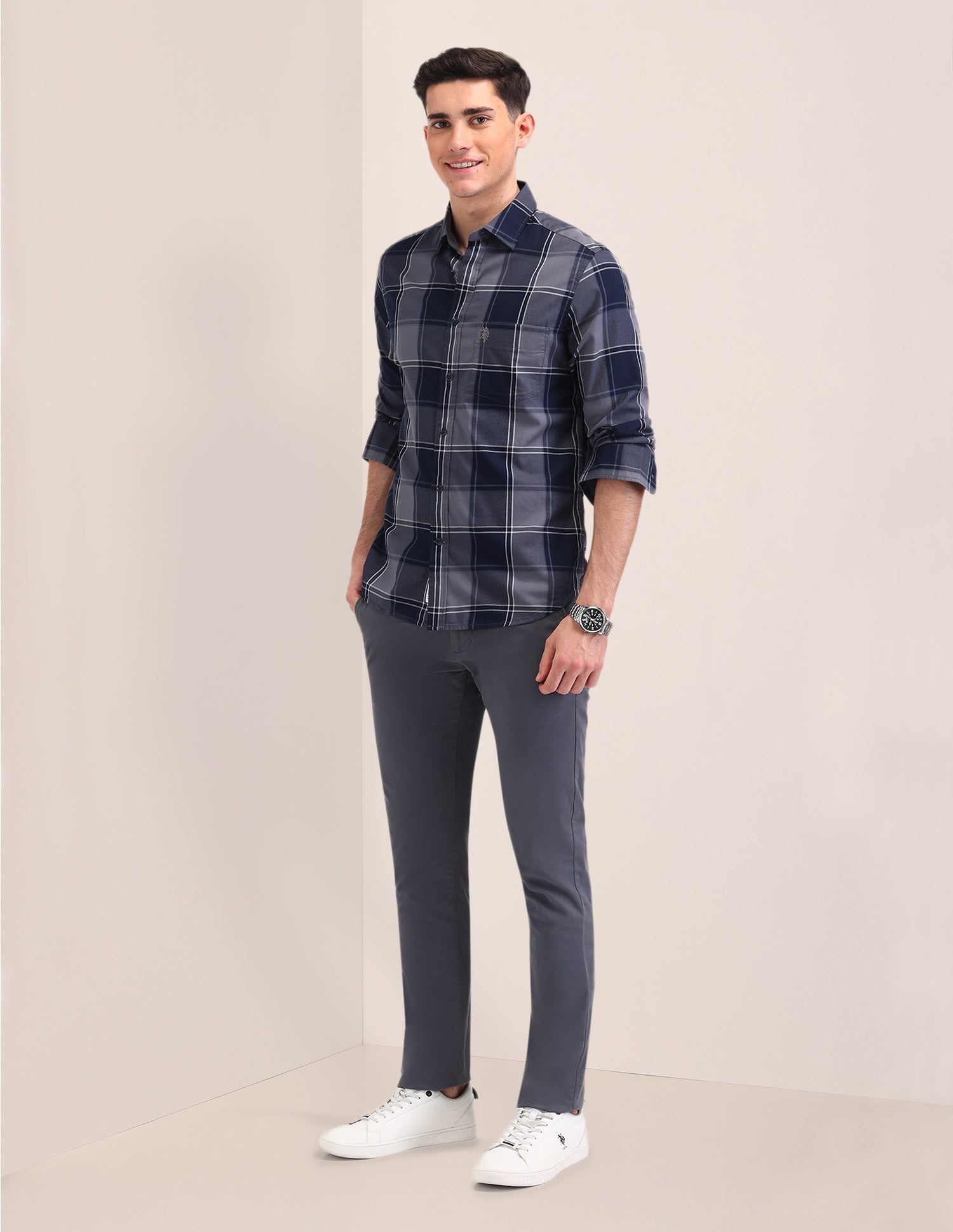 Grid Tattersall Checked Cotton Shirt Navy - U.S. Polo Assn. India | Large