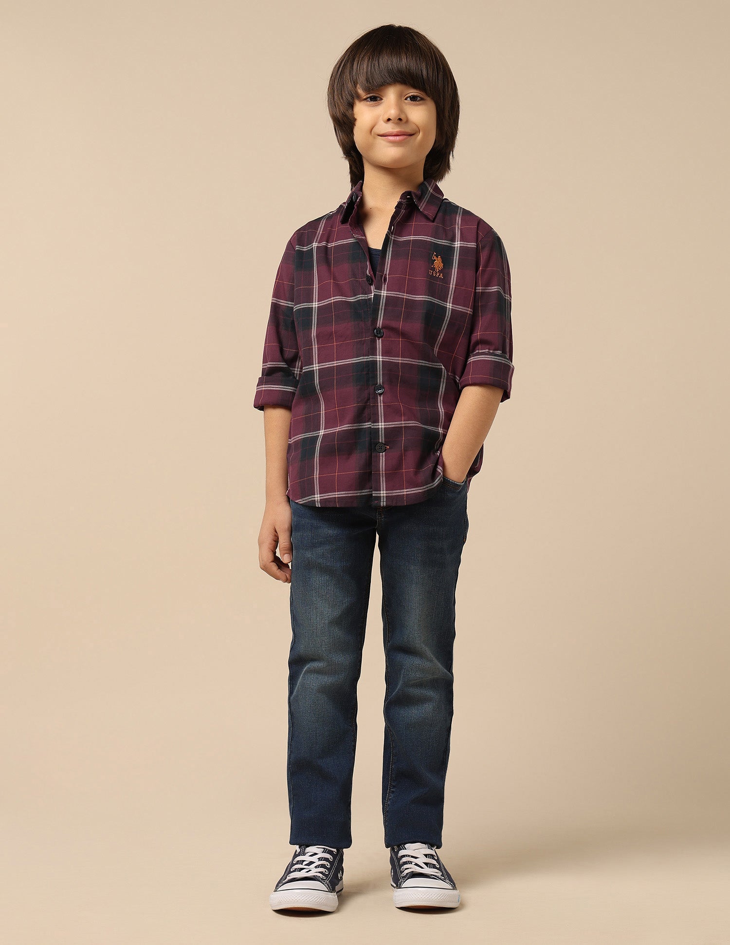 Boys Plaid Checked Twill Shirt Maroon - U.S. POLO ASSN. | Large