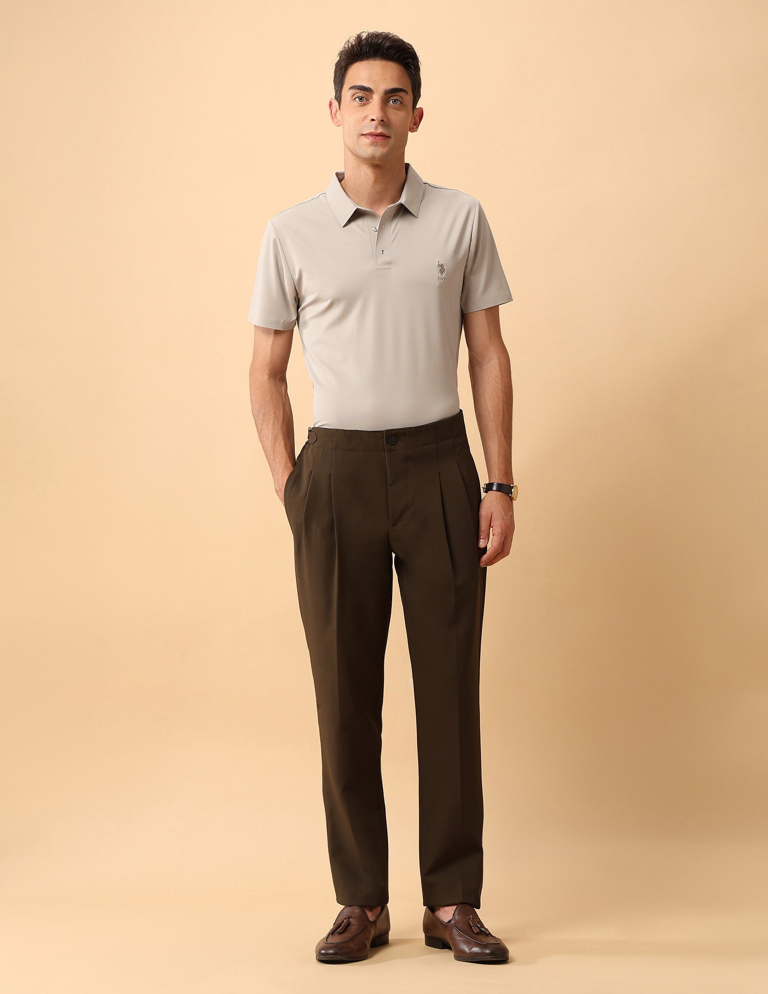 Pacho X Slim Fit Solid Polo Shirt Beige - U.S. Polo Assn. India | Large