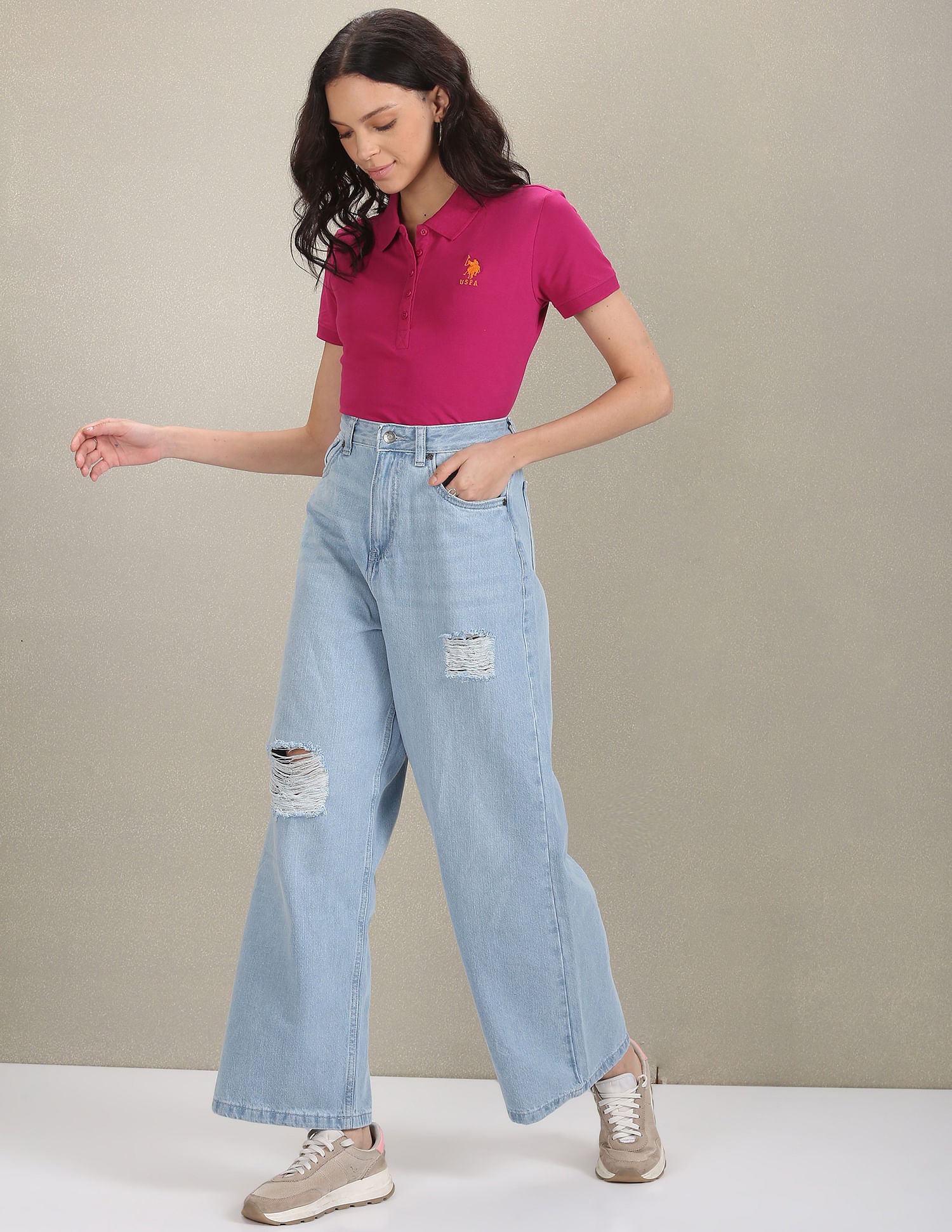 High Rise Wide Leg Distressed Jeans Blue - U.S. Polo Assn. India | Large