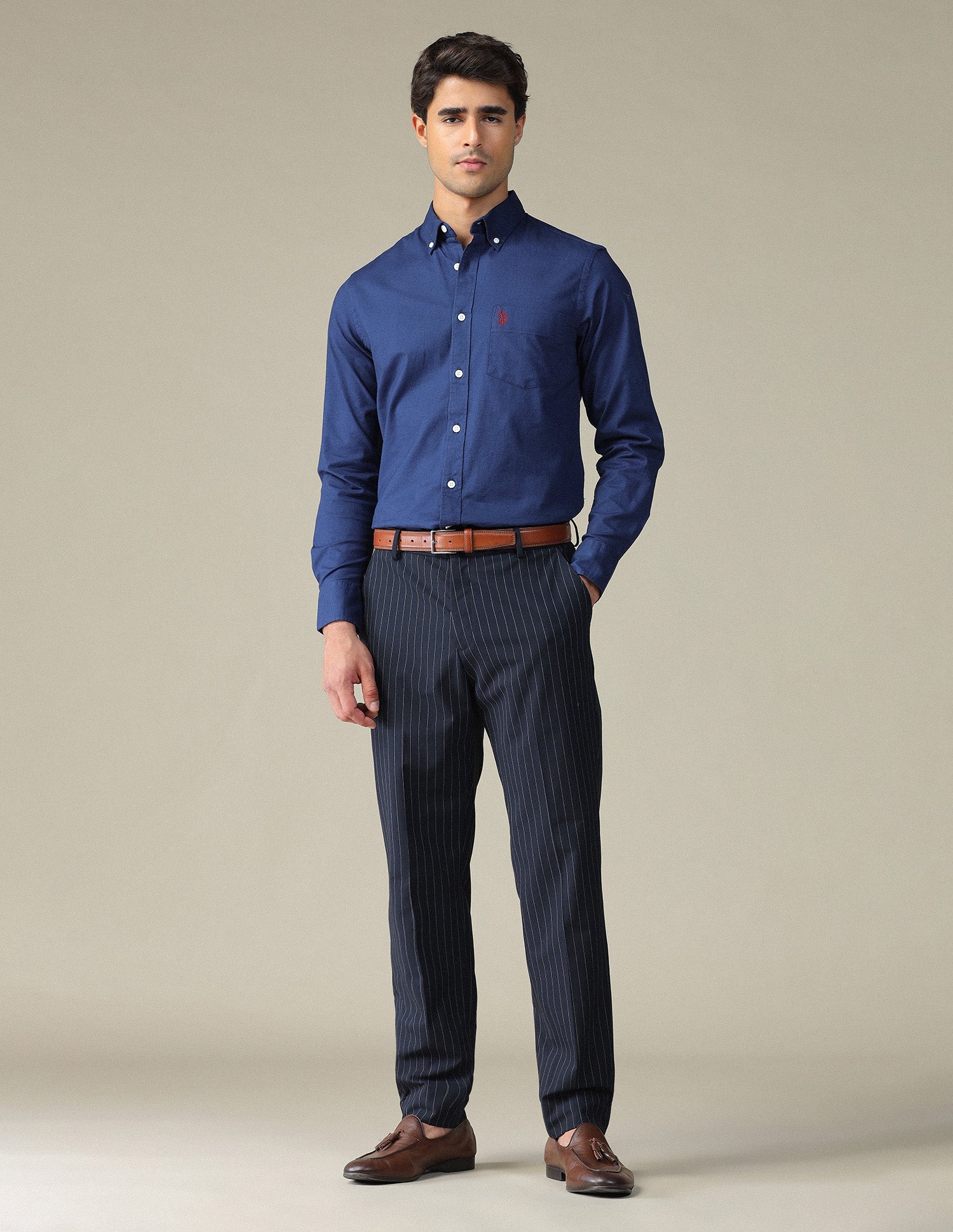 Tailored Fit Dobby Button Down Shirt Mid Blue - U.S. POLO ASSN. | Large